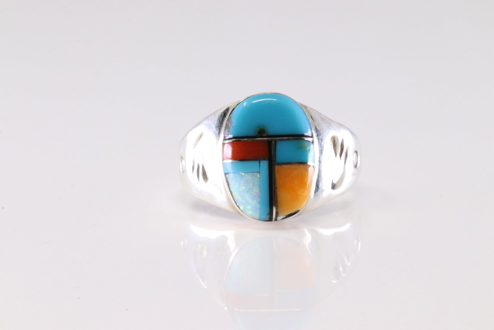 Native America Navajo Sterling Silver Multi-Color Stone Inlay Ring By M.L.: This is a Native America Navajo Sterling Silver Multi-Color Stone Inlay Ring By M.L. Ring size: 9.50.