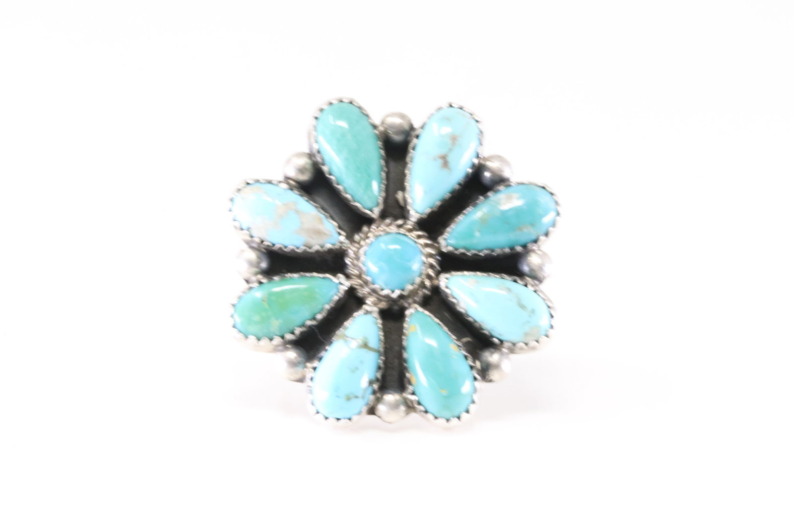 Native America Navajo Sterling Silver Turquoise Flower Ring By T.Smith. (1 of 4)