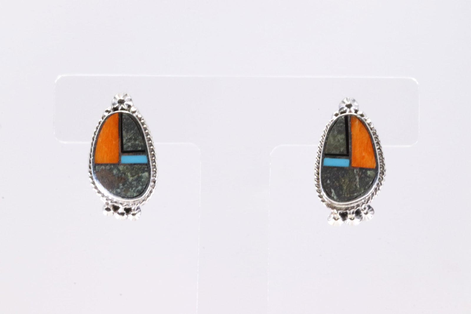 Native America Navajo Sterling Silver Multi-Color Stone Inlay Post Earring's By James Manygoats.: This is a Native America Navajo Sterling Silver Multi-Color Stone Inlay Post Earring's By James Manygoats. Stamp From R.B Company.