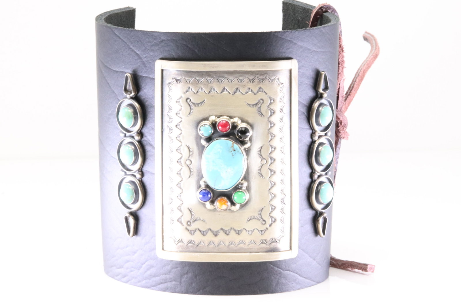 Native America Sterling Silver Multi-Color Stone Leather Ketoh Bracelet.: This is a Native America Sterling Silver Multi-Color Stone Leather Ketoh Bracelet. Bracelet Length: 9.00.