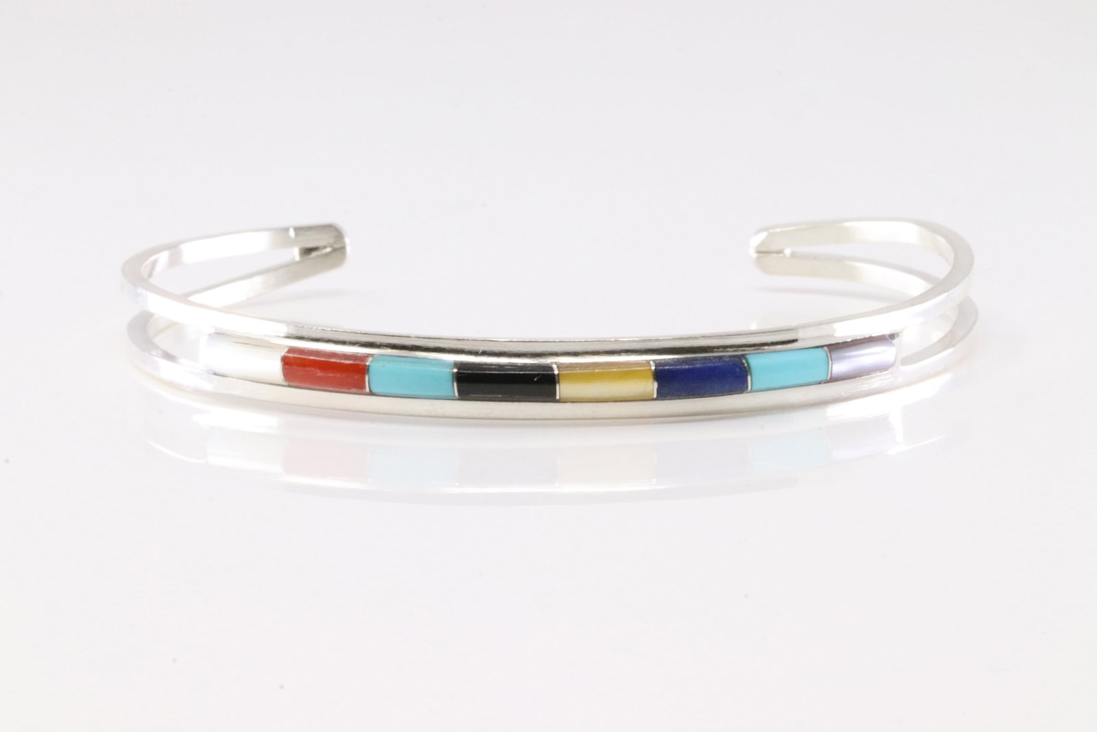 Native America Navajo Sterling Silver Multi-Color Stone Inlay Bracelet Cuff By ALW.: This is a Native America Navajo Sterling Silver Multi-Color Stone Inlay Bracelet Cuff By ALW. Stamp ALW.