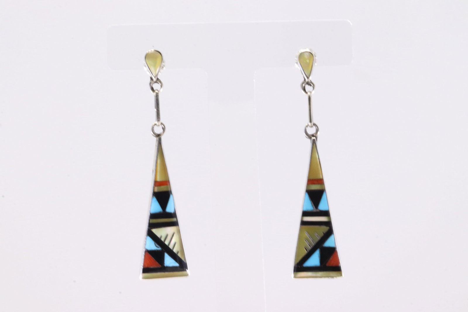 Native America Zuni Sterling Silver Multi-Color Stone Post / Dangling Earring's By KD.: This is a Native America Zuni Sterling Silver Multi-Color Stone Post / Dangling Earring's By KD. Stamp KD.