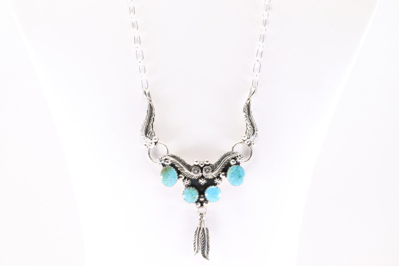 Native American Navajo Sterling Silver Turquoise Necklace By Jennifer Cayaditto.: This is a Native American Navajo Sterling Silver Turquoise Necklace By Jennifer Cayaditto. Stamp From R.B Company. Necklace length: 20.00"