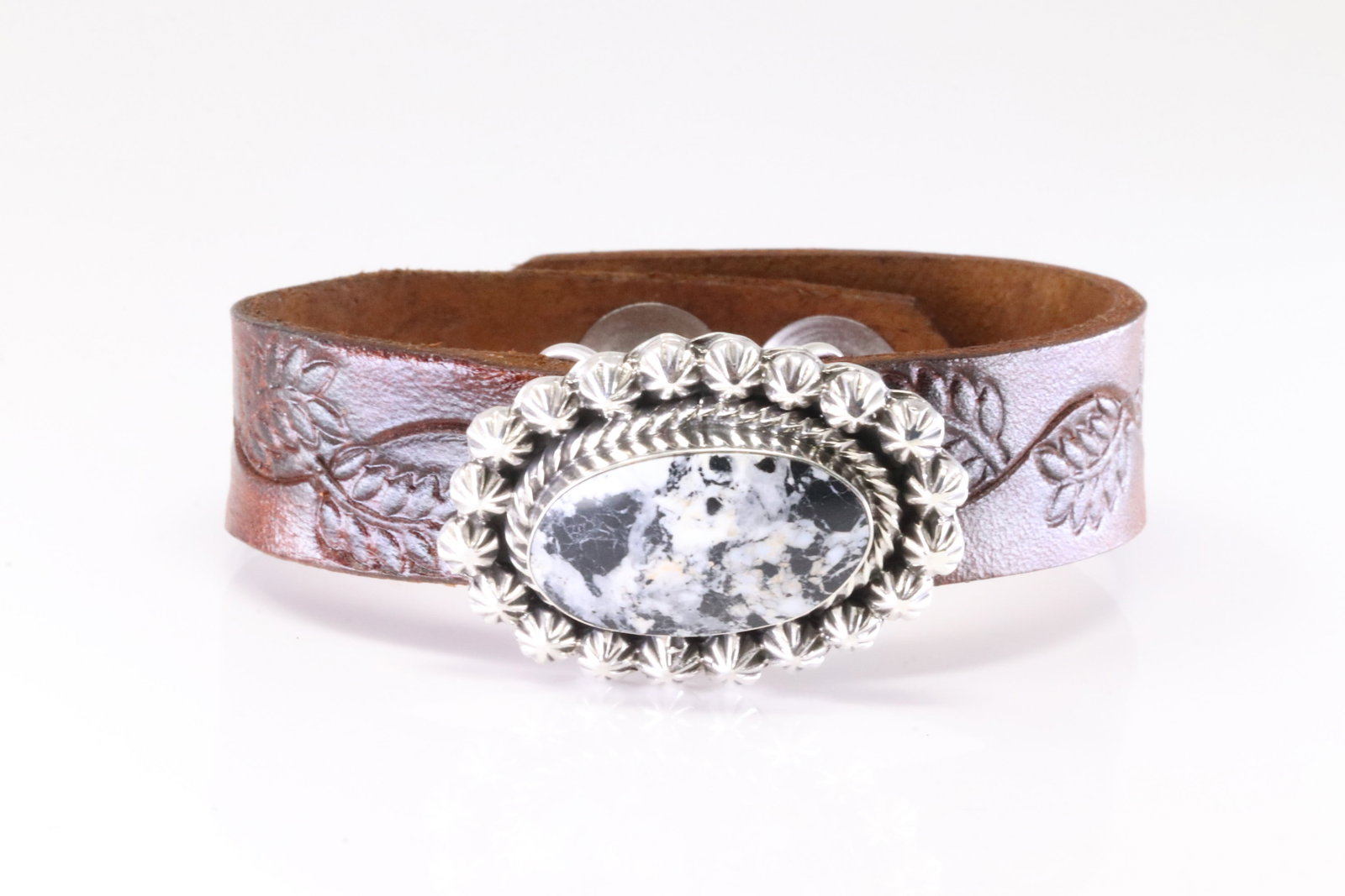 Native America Navajo Sterling Silver Wild Horse Leather Cuff Bracelet By Suzanna Johnson. (1 of 4)