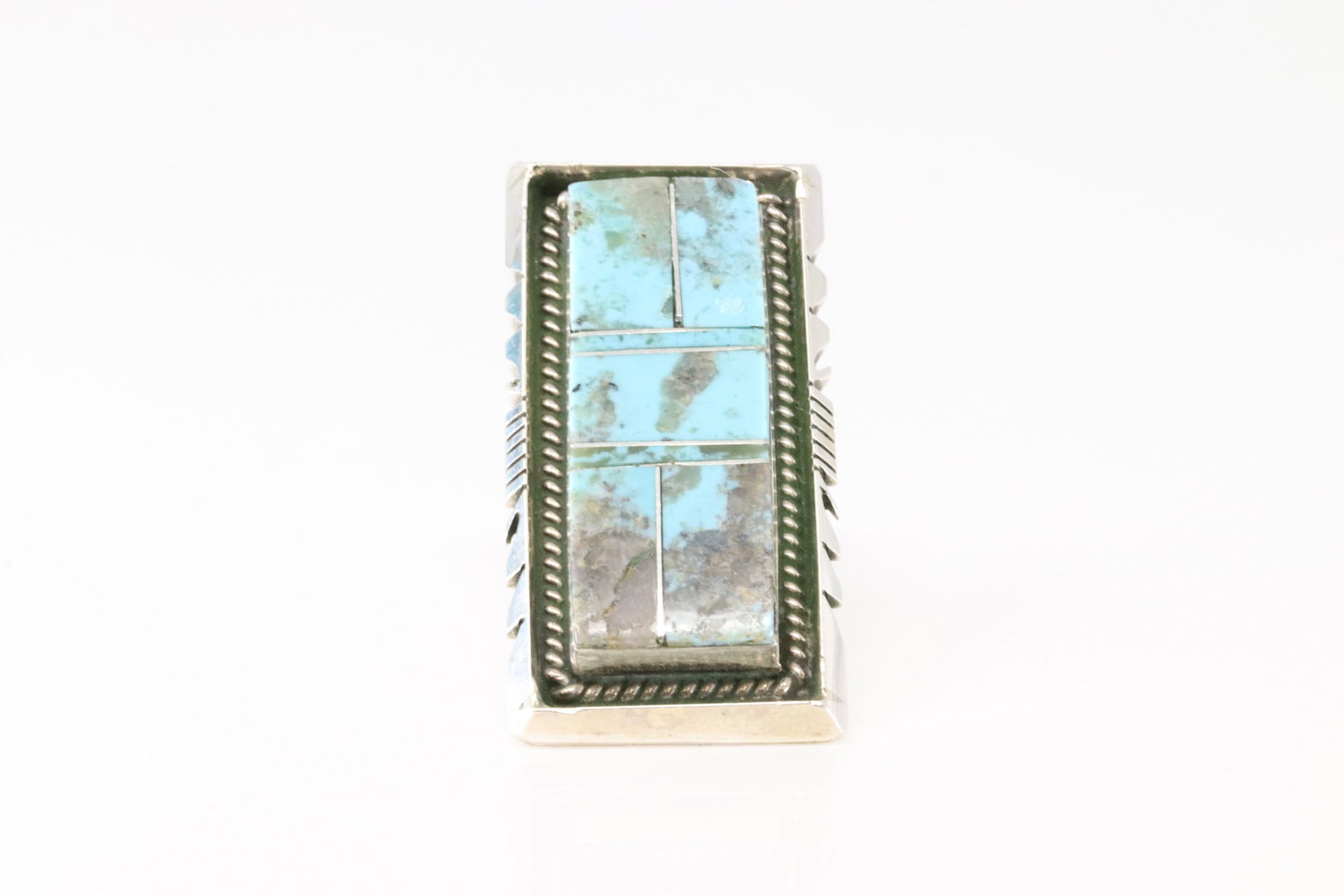 Native America Navajo Sterling Silver Turquoise Inlay Ring By B.E.: This is a Native America Navajo Sterling Silver Turquoise Inlay Ring By B.E. Stamp BE. Ring Size: 8.00.