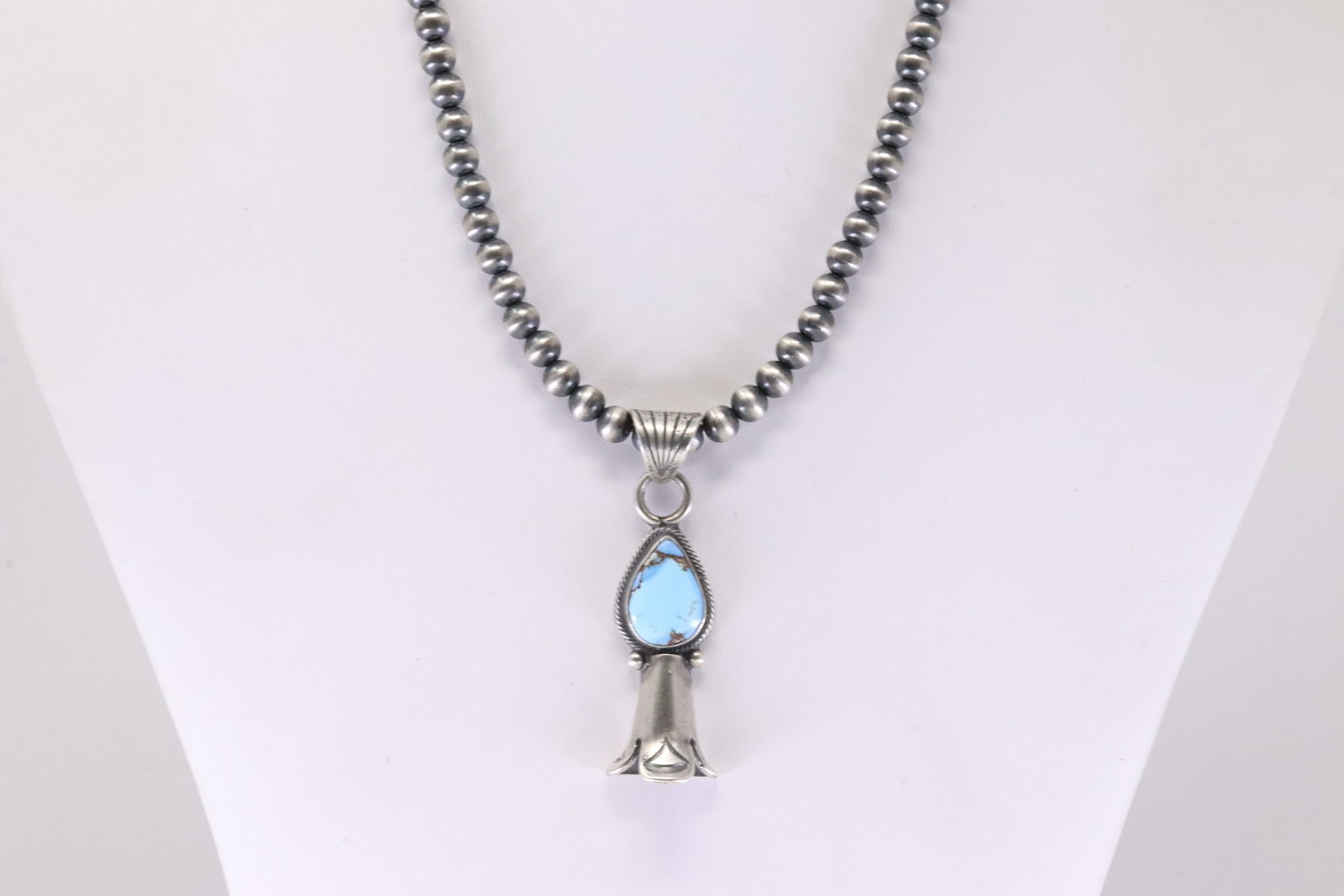 Native American Navajo Sterling Silver Golden Hill Turquoise Blossom Pendant / From R.B Company.: This is a Native American Navajo Sterling Silver Golden Hill Turquoise Blossom Pendant / From R.B Company. With Pearl Beaded Setrling Silver Machine Made Necklace. Necklace length: 16.00"