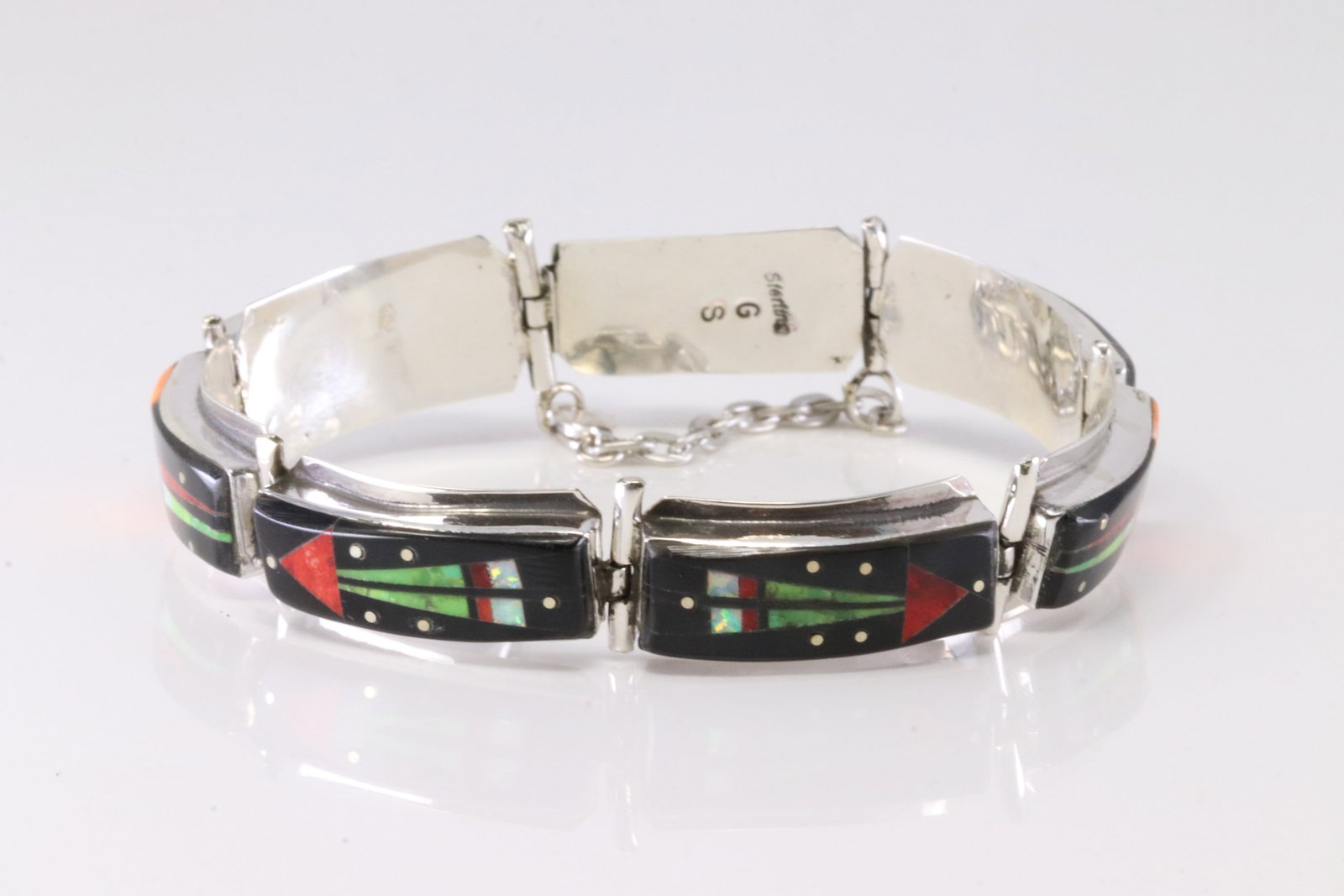 Native America Navajo Sterling Silver Night Sky Multi-Color Inlay Bracelet Link By GS.: This is a Native America Navajo Sterling Silver Night Sky Multi-Color Inlay Bracelet Link By GS. Stamp GS. Bracelet Length: 8.00.