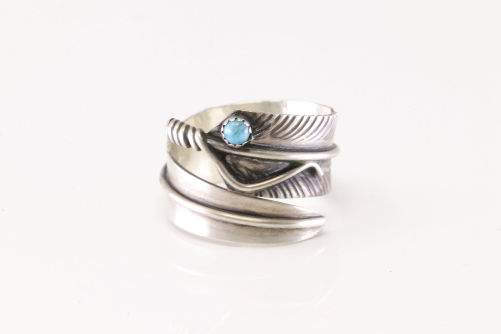 Native America Navajo Sterling Silver Turquoise Feather Ring By C.C.: This is a Native America Navajo Sterling Silver Turquoise Feather Ring By C.C. Ring size: 7.50.
