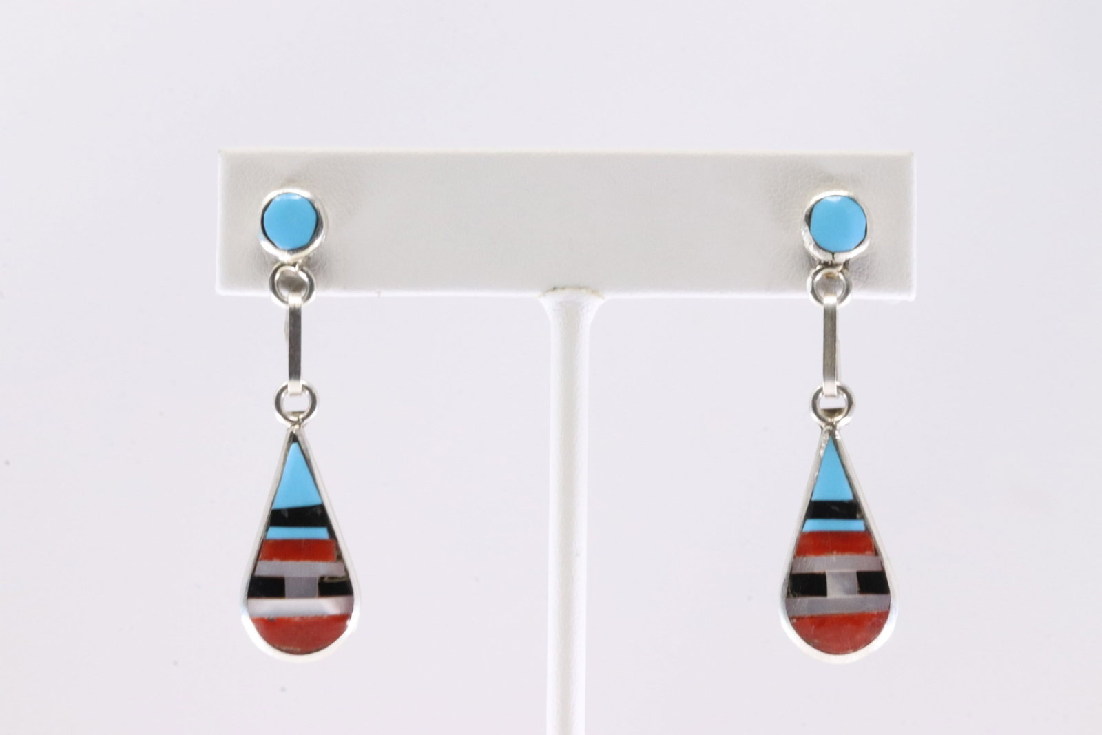 Native America Zuni Sterling Silver Multi-Color Stone Inlay Post / Dangling Earring's By Boone.: This is a Native America Zuni Sterling Silver Multi-Color Stone Inlay Post / Dangling Earring's By Boone.