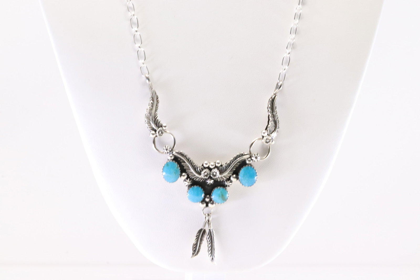 Native America Navajo Sterling Silver Turquoise Feather Necklace By Jennifer Cayaditto.: This is a Native America Navajo Sterling Silver Turquoise Feather Necklace By Jennifer Cayaditto. Stamp By R.B Company. Necklace Length: 18.00.