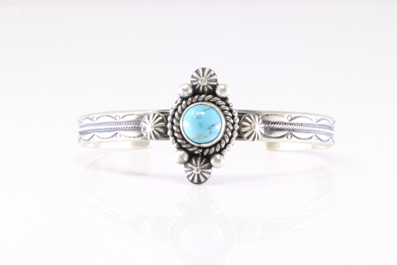 Native American Navajo Sterling Silver Kingman Turquoise Bracelet Cuff By M.C.: This is a Native American Navajo Sterling Silver Kingman Turquoise Bracelet Cuff By M.C.