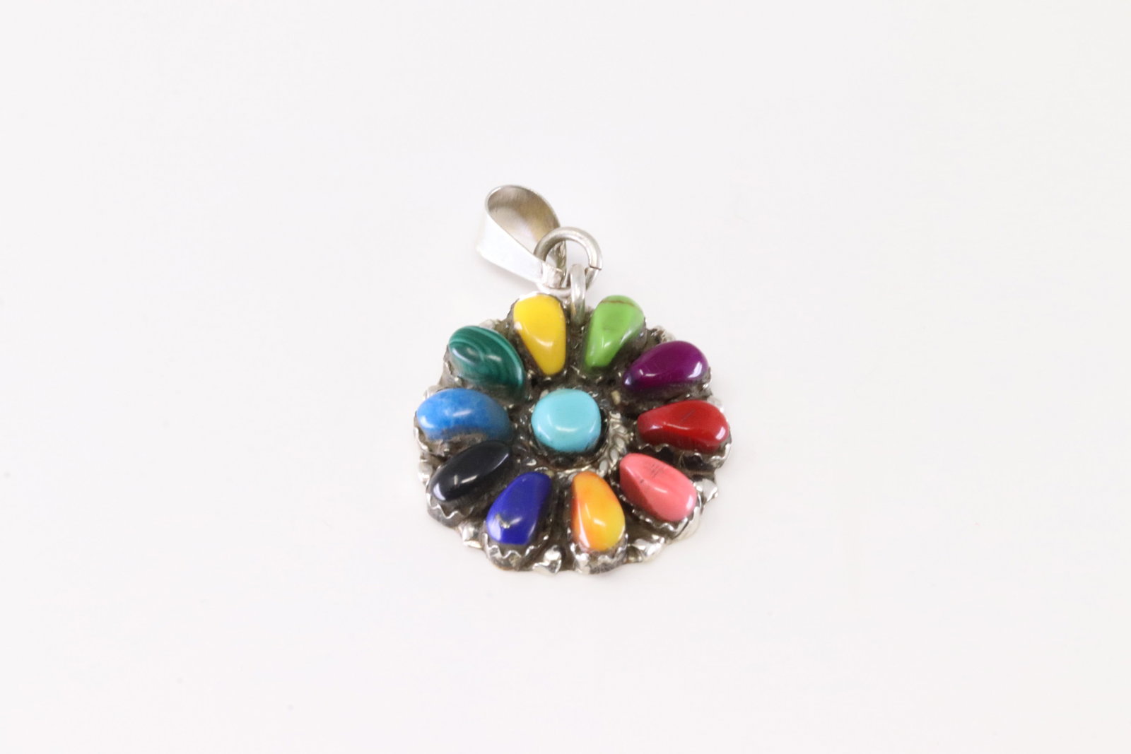Native America Navajo Sterling Silver Multi-Color Stone Flower Pendant By M.: This is a Native America Navajo Sterling Silver Multi-Color Stone Flower Pendant By M.