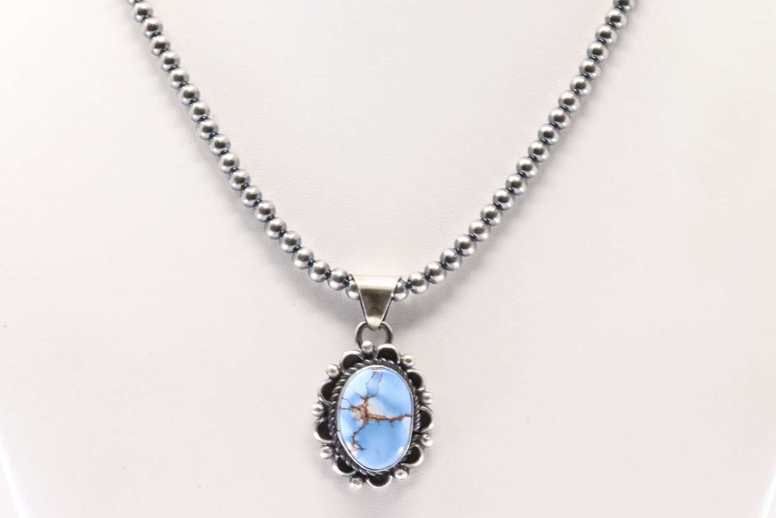 Native America Navajo Sterling Silver Golden Hill Turquoise Pendant By F Martinez With Machine Made: This is a Native America Navajo Sterling Silver Golden Hill Turquoise Pendant By F Martinez With Machine Made Sterling Silver Pearl Beaded Necklace. Stamp F Matinez. Necklace Length: 16.00.