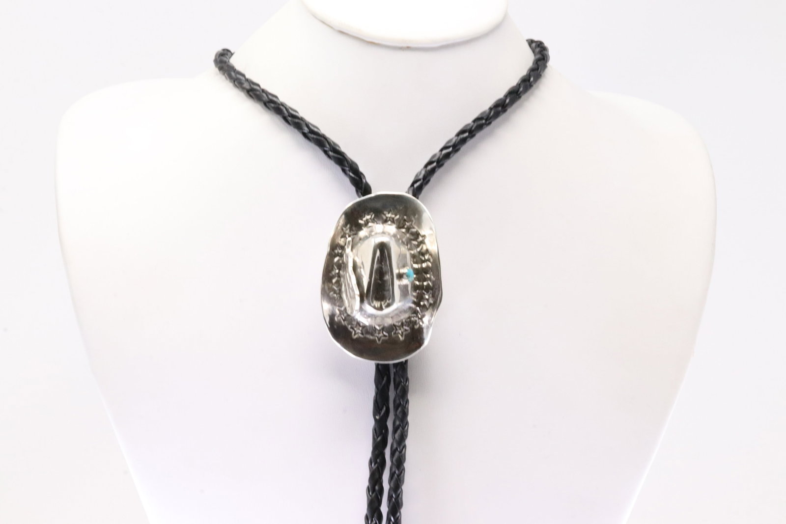 Native America Navajo Sterling Silver Turquoise Cowboy Hat Bolo Necklace By RM.: This is a Native America Navajo Sterling Silver Turquoise Cowboy Hat Bolo Necklace By RM. Stamp RM. Necklace Length: 40.00.