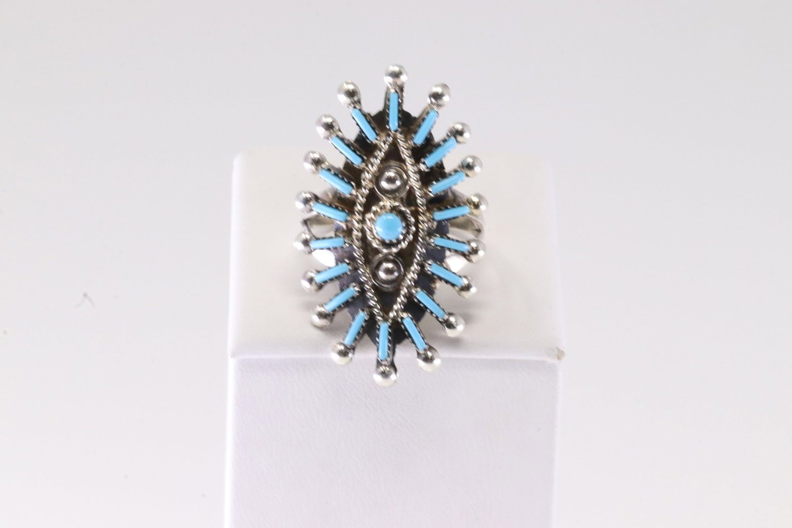 Native America Zuni Sterling Silver Turquoise Ring By P.: This is a Native America Zuni Sterling Silver Turquoise Ring By P. Stamp P. Ring Size: 9.50.