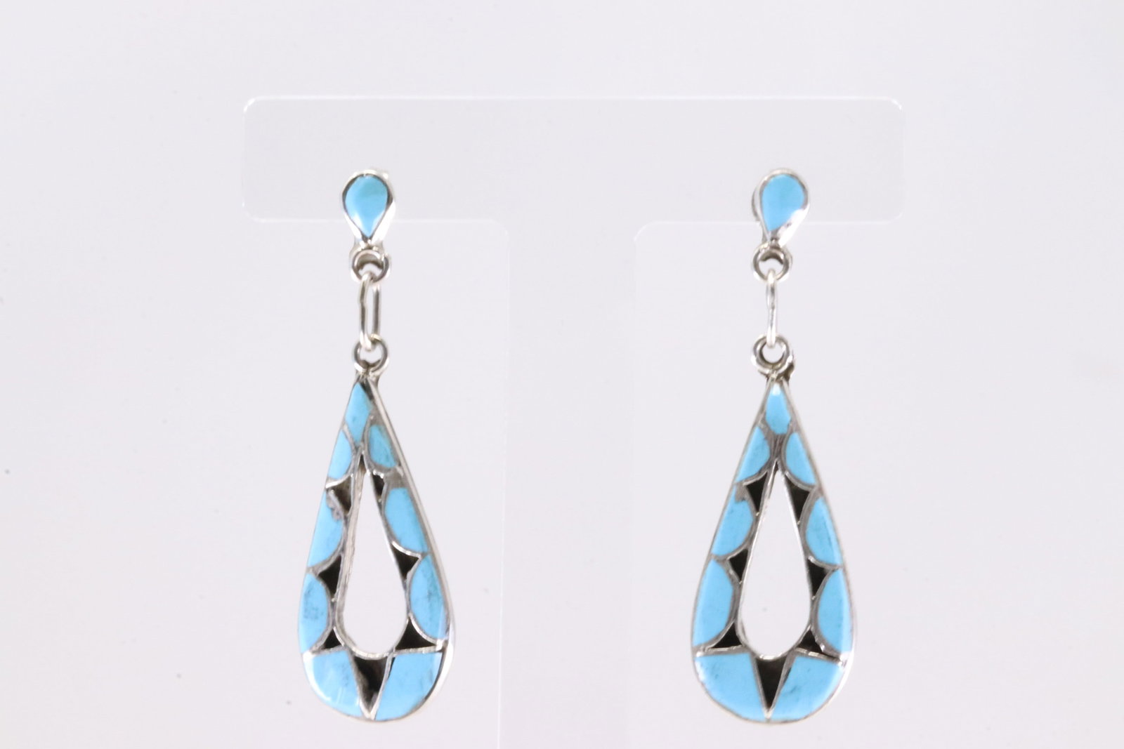 Native America Zuni Sterling Silver Turquoise Inlay Post / Dangling Earring's By E.B.: This is a Native America Zuni Sterling Silver Turquoise Inlay Post / Dangling Earring's By E.B.