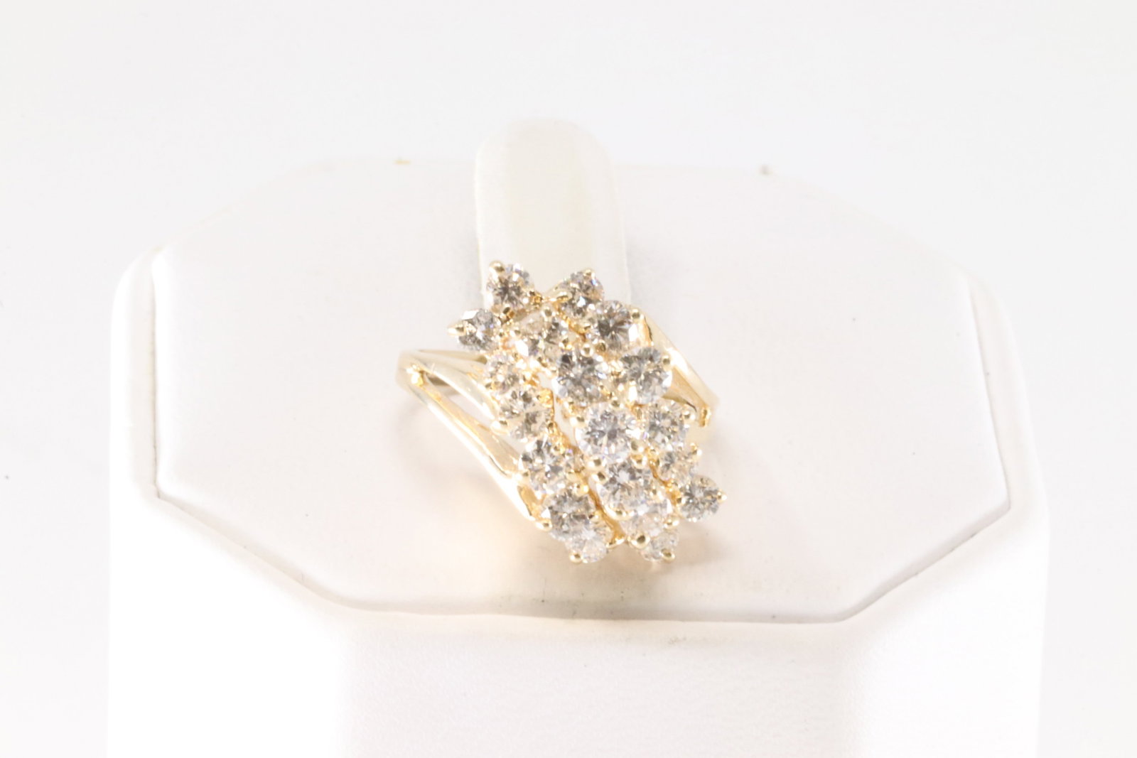 Cocktail Ladies Diamond Ring 14Kt.: Ladies 14Kt Yellow Gold Cocktail Ladies Diamond Ring. This beautiful & elegant ring, adorned with 3 row of sparkling round diamonds. total of 20 round diamonds. Diamonds weight approx: 2.00cttw. Ring
