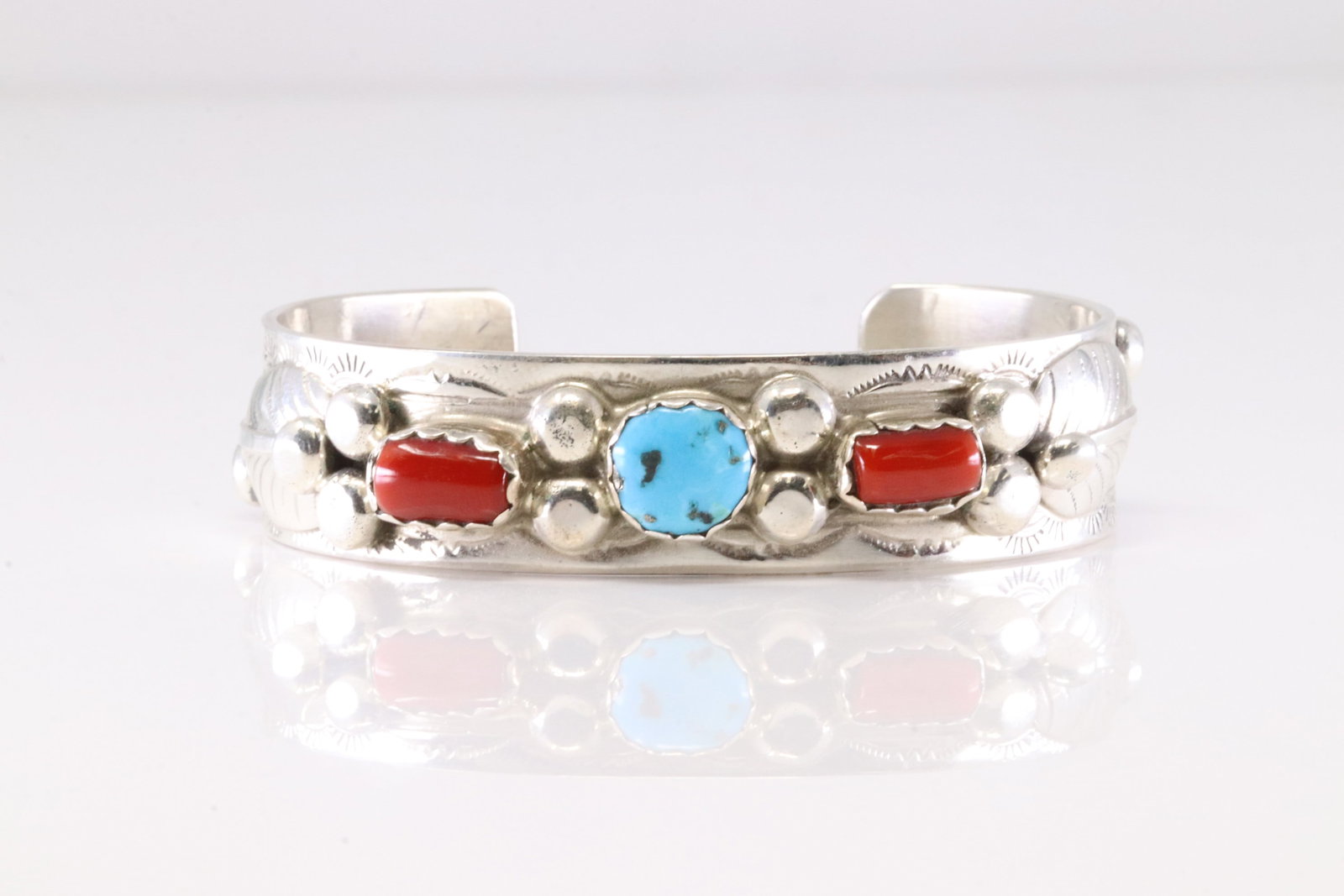 Native America Navajo Sterling Silver Coral & Turquoise Bracelet Cuff By Welbert Meyers. (1 of 4)