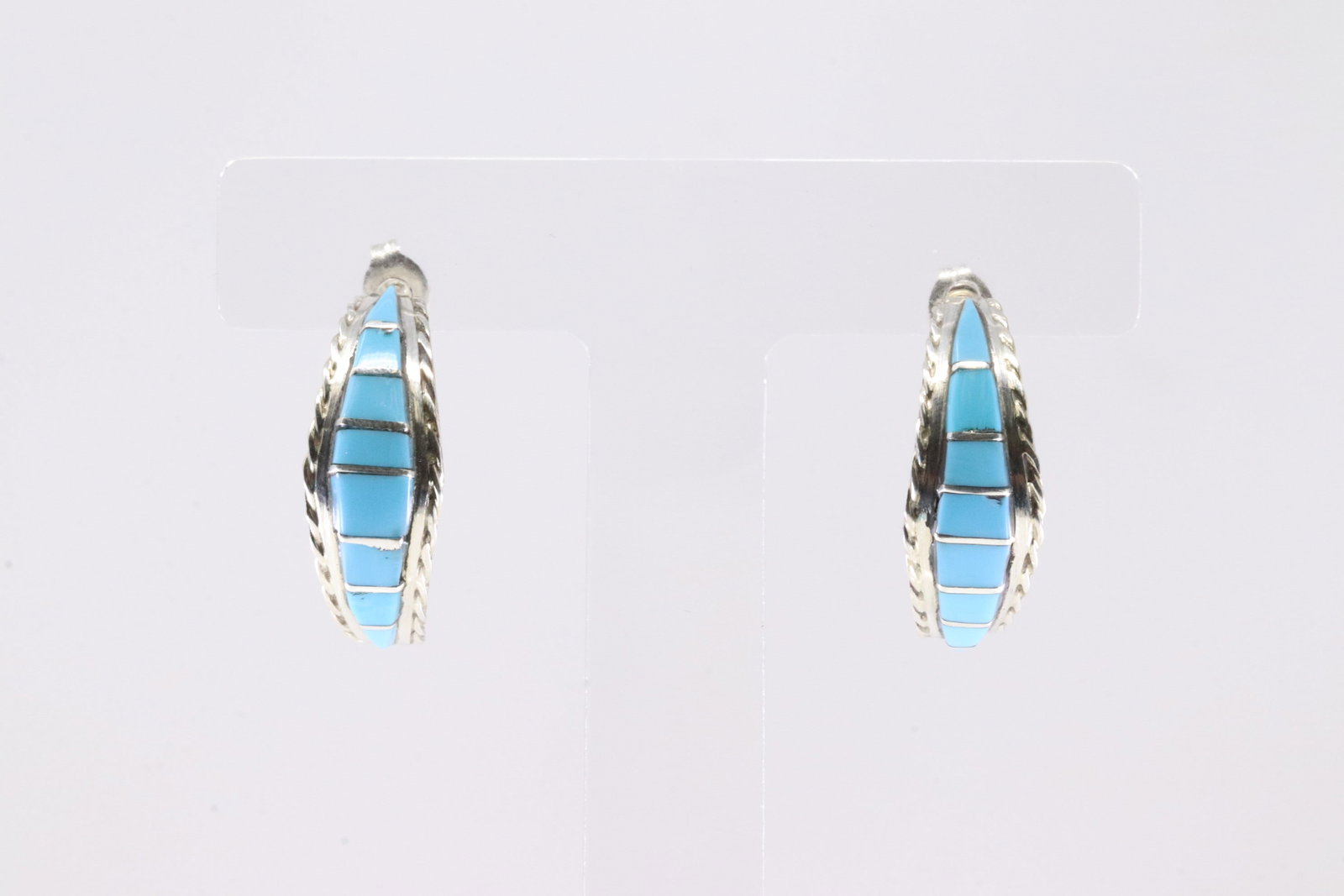 Native America Navajo Sterling Silver Turquoise Inlay Hoop Earring's By Malcolm Chavez.: This is a Native America Navajo Sterling Silver Turquoise Inlay Hoop Earring's By Malcolm Chavez. Stamp MC.