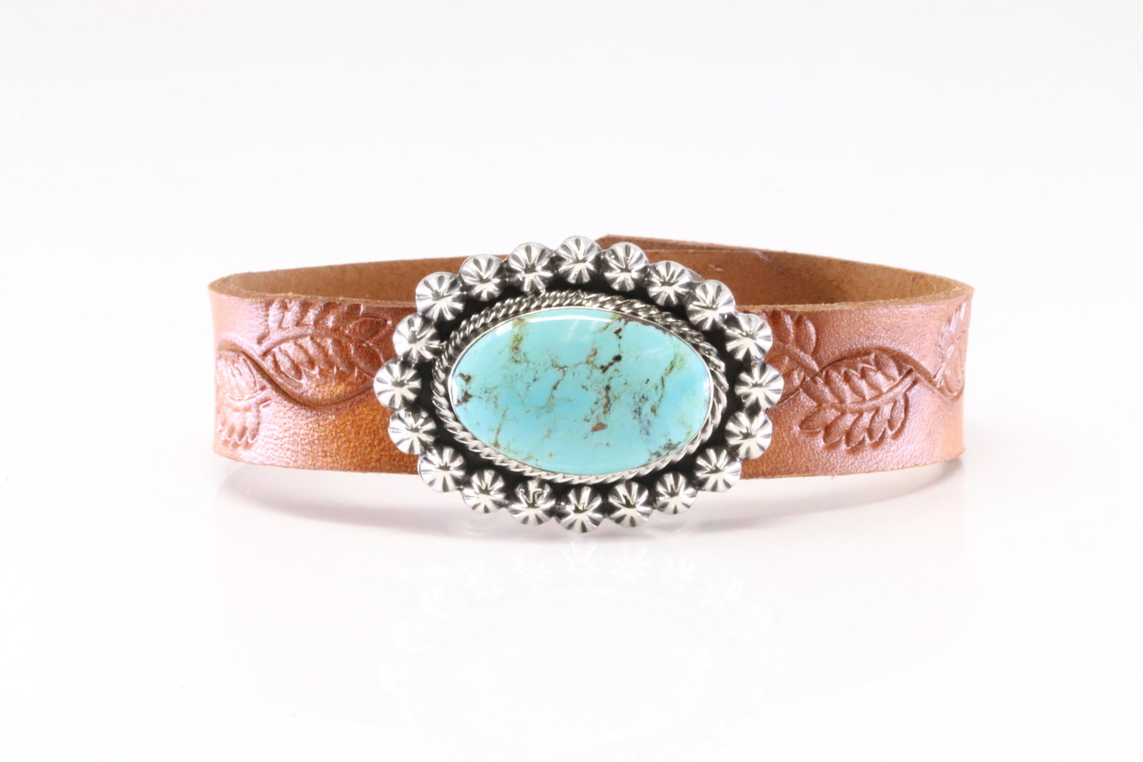 America Sterling Silver Turquoise Leather Bracelet.: This is a America Sterling Silver Turquoise Leather Bracelet.