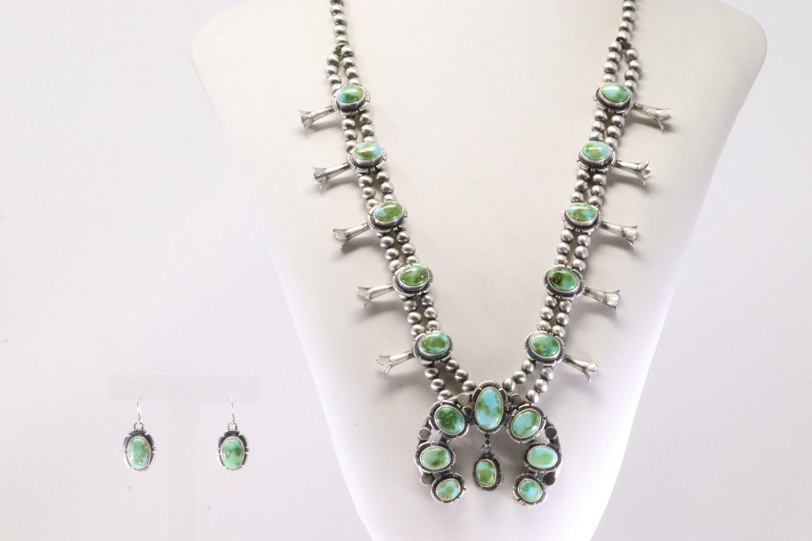 Native American Navajo Sterling Silver Sonora Gold Turquoise Squash Blossom Necklace & Earring's Set: This is a Native American Navajo Sterling Silver Sonora Gold Turquoise Squash Blossom Necklace & Earring's Set By A. Necklace length: 24.00" Total weight: 105.66 Grams.