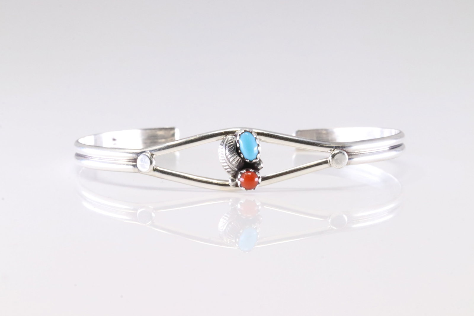 America Sterling Silver Coral & Turquoise Bracelet Cuff.: This is a America Sterling Silver Coral & Turquoise Bracelet Cuff.