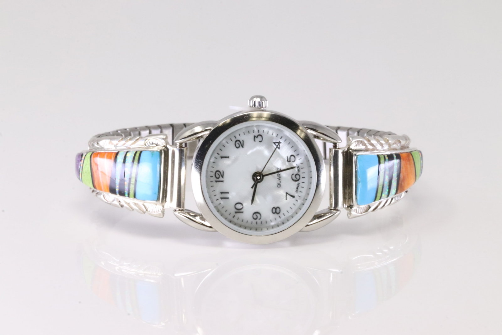 America Sterling Silver MultiColor Stone Inlay Inlay Watchband.: This is a America Sterling Silver MultiColor Stone Inlay Inlay Watchband.
