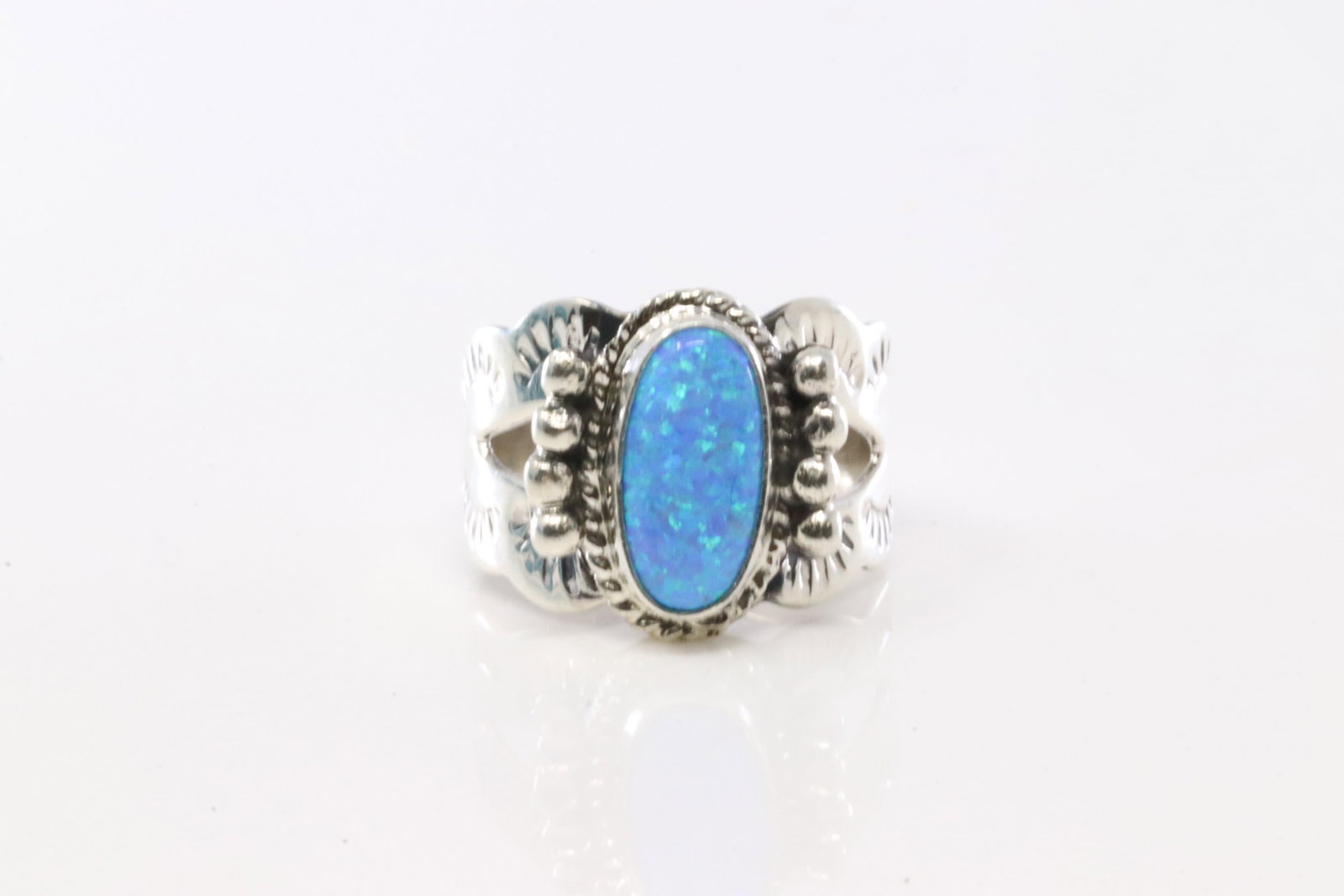 Native America Navajo Sterling Silver Blue Opal Ring By EDG.: This is a Native America Navajo Sterling Silver Blue Opal Ring By EDG. Stamp EGD. Ring Size: 7.50.