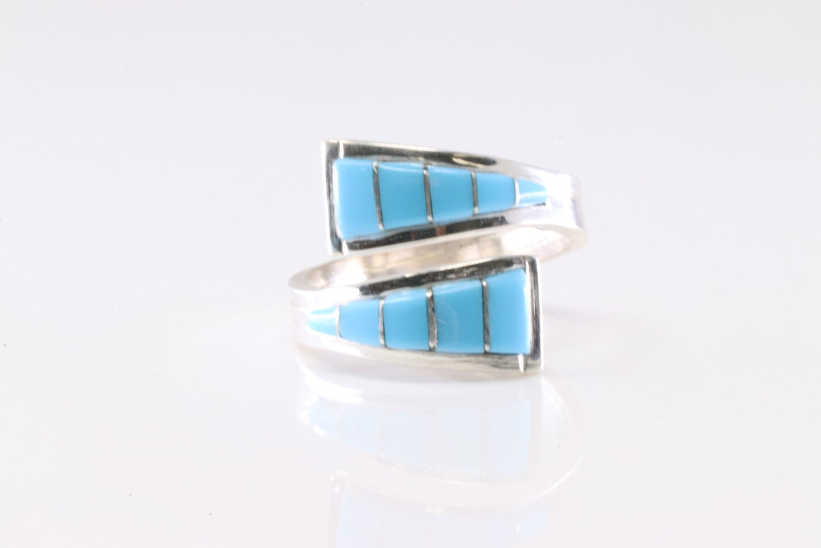 Native American Zuni Sterling Silver Turquoise Inlay Ring By M.J.S.: This is a Native American Zuni Sterling Silver Turquoise Inlay Ring By M.J.S. Ring size: 7.00.