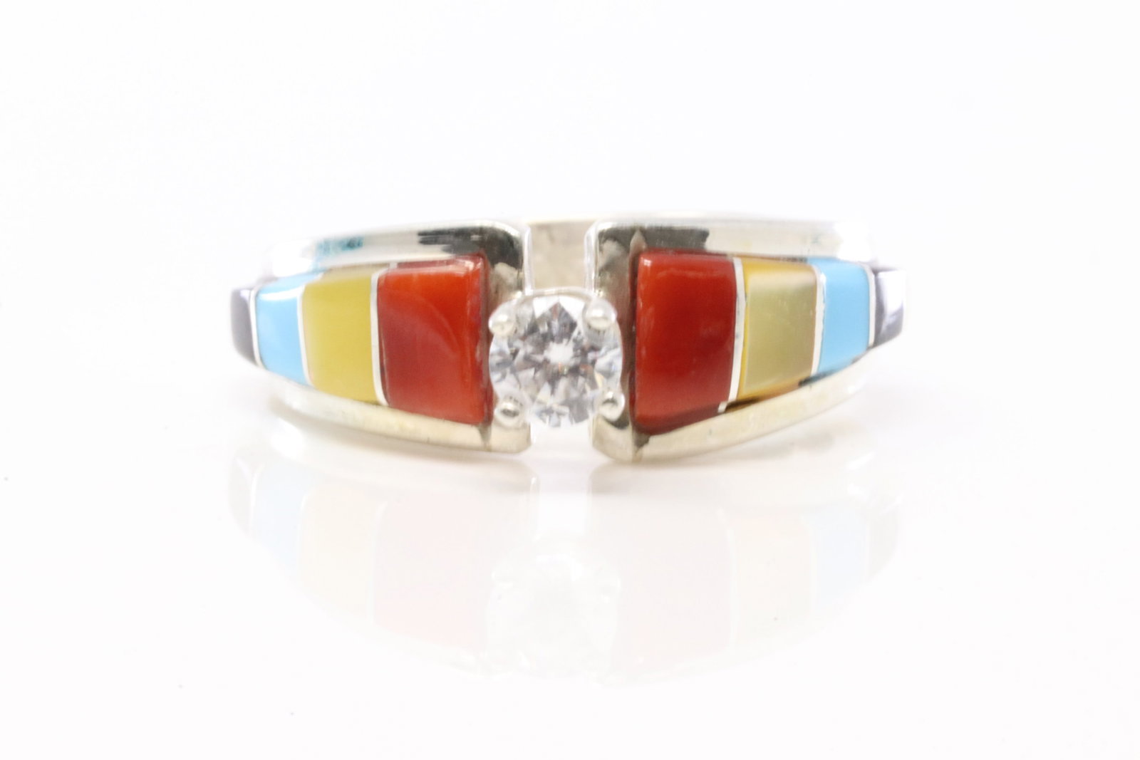 Native America Navajo Sterling Silver Multi-Color Stone Inlay Engagment Ring By MJS.: This is a Native America Navajo Sterling Silver Multi-Color Stone Inlay Engagment Ring By MJS. Stamp MJS. Ring Size: 6.00.