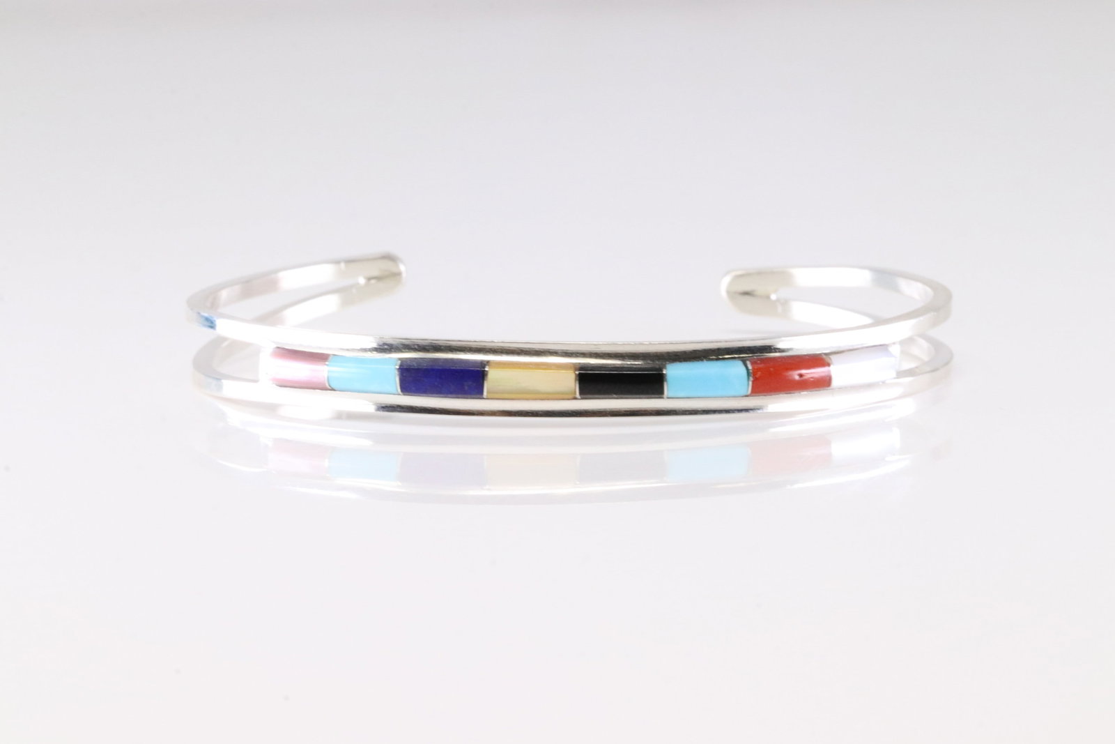 Native America Zuni Sterling Silver Multi-Color Stone Inlay Bracelet Cuff By A.L.W.: This is a Native America Zuni Sterling Silver Multi-Color Stone Inlay Bracelet Cuff By A.L.W.