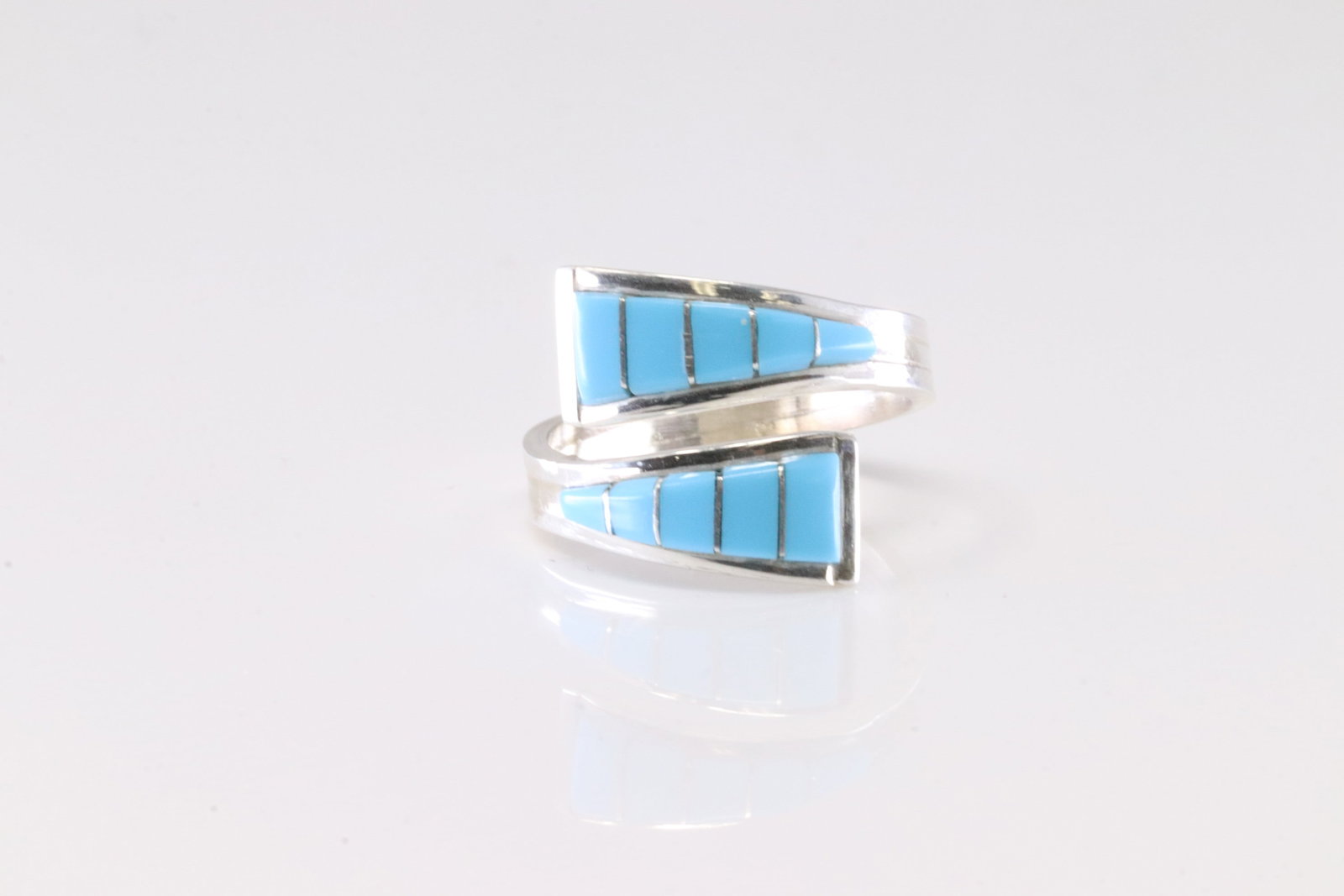 Native America Zuni Sterling Silver Turquoise Inlay Ring By M.J.N.: This is a Native America Zuni Sterling Silver Turquoise Inlay Ring By M.J.N. Ring size: 7.75.