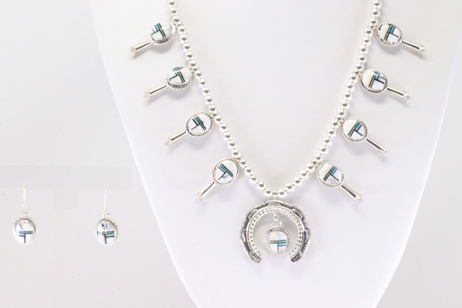 Native America Navajo Sterling Silver Multi-Color Stone Inlay Baby Squash Blossom Necklace &: This is a Native America Navajo Sterling Silver Multi-Color Stone Inlay Baby Squash Blossom Necklace & Earring's Set By Francis. Necklace length: 20.00"