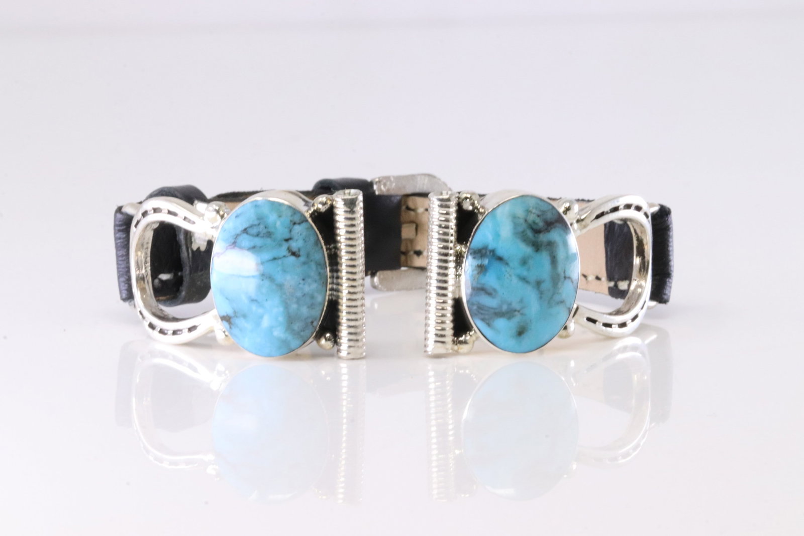 Native America Navajo Sterling Silver Turquoise Leather Watch Band By Leroy Silversmith. (1 of 4)