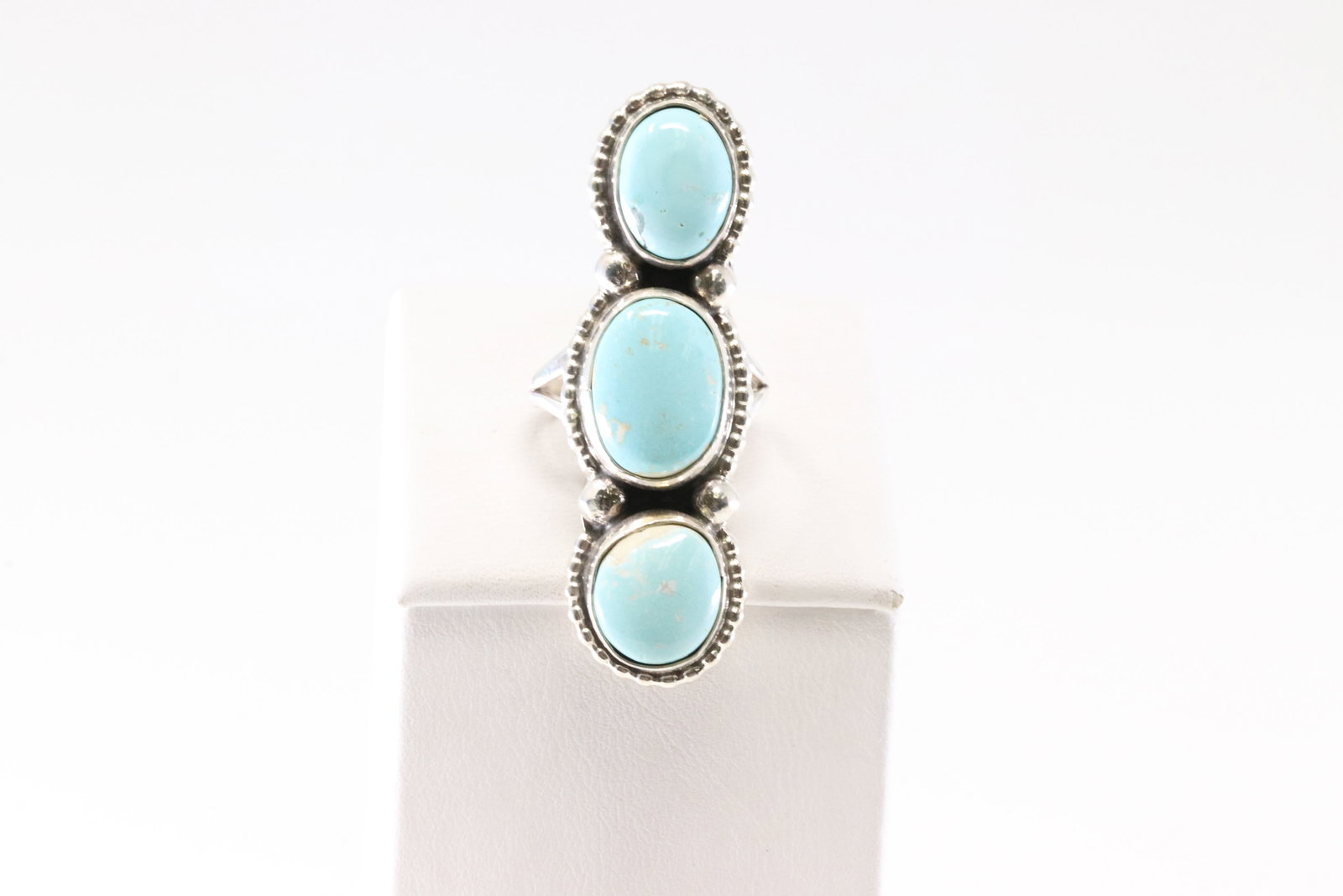 Native America Navajo Sterling Silver Turquoise Ring 3 Stone By S.: This is a Native America Navajo Sterling Silver Turquoise Ring 3 Stone By S. Stamp S. Ring Size: 6.00.