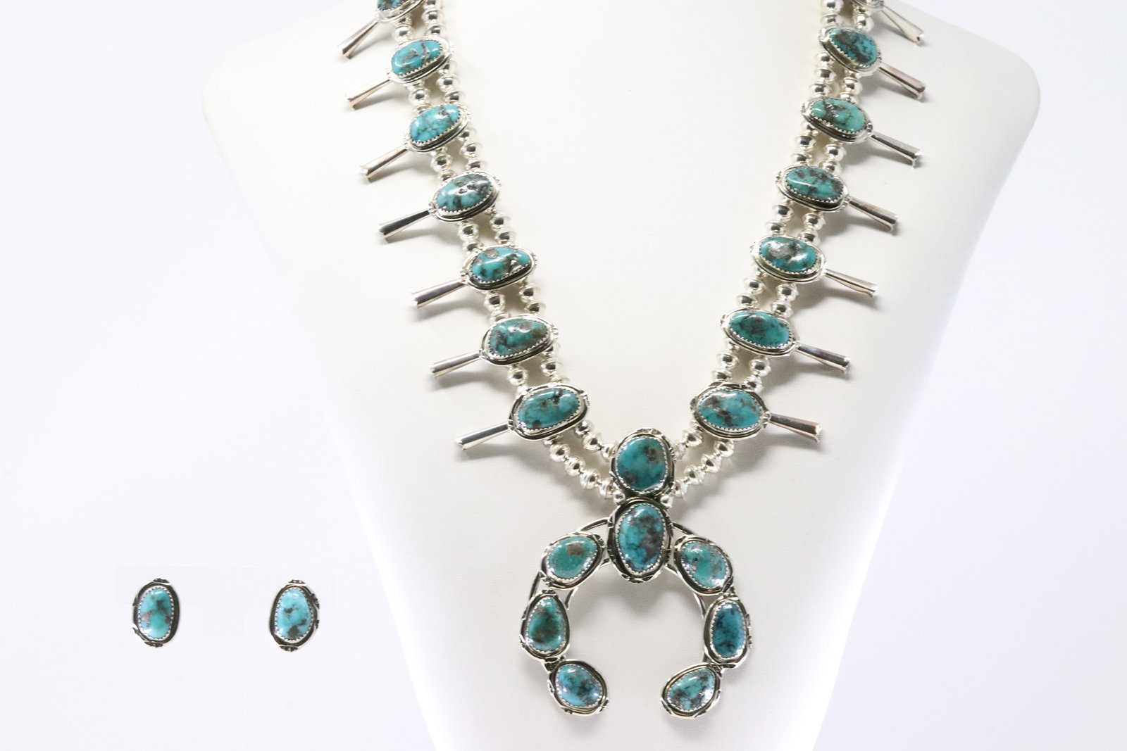 Native America Navajo Sterling Silver Turquoise Squash Blossom Necklace & Earring's Set By P. - 2