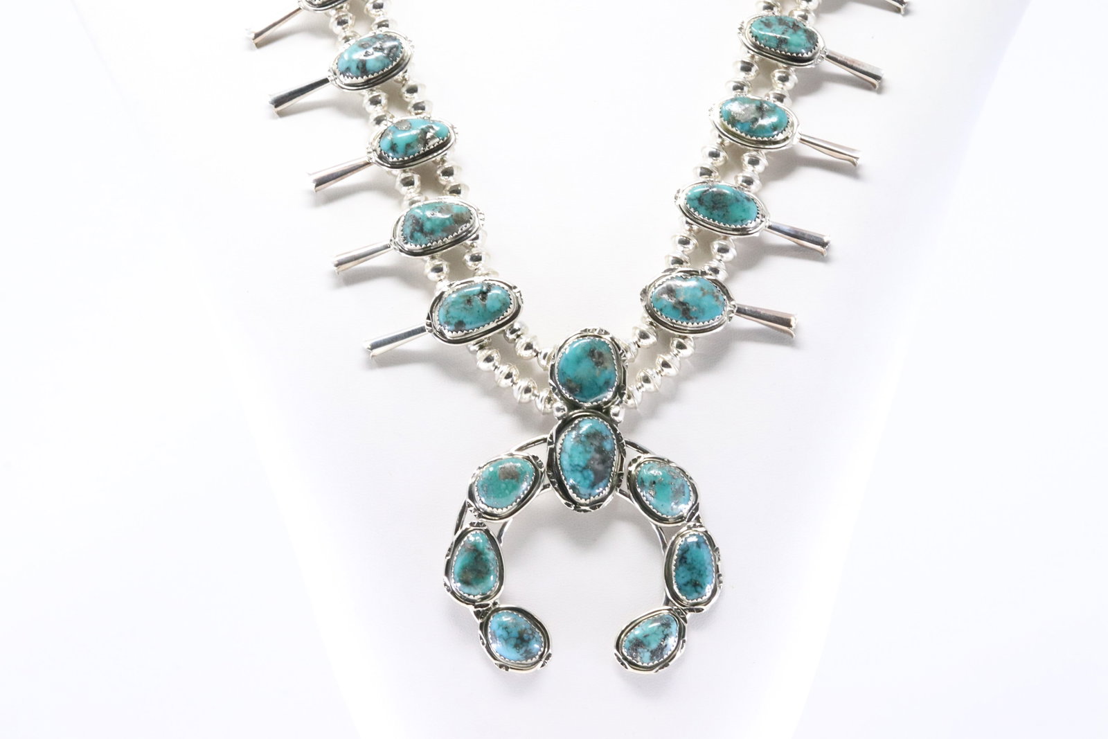 Native America Navajo Sterling Silver Turquoise Squash Blossom Necklace & Earring's Set By P. - 4