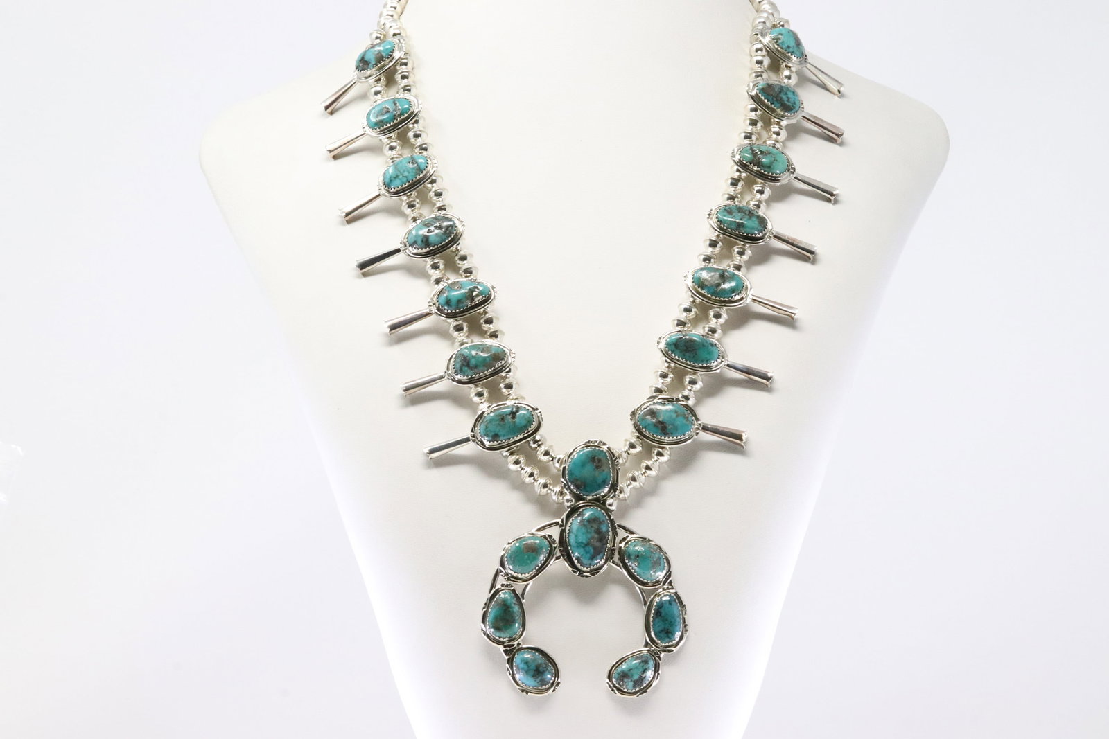 Native America Navajo Sterling Silver Turquoise Squash Blossom Necklace & Earring's Set By P. - 5
