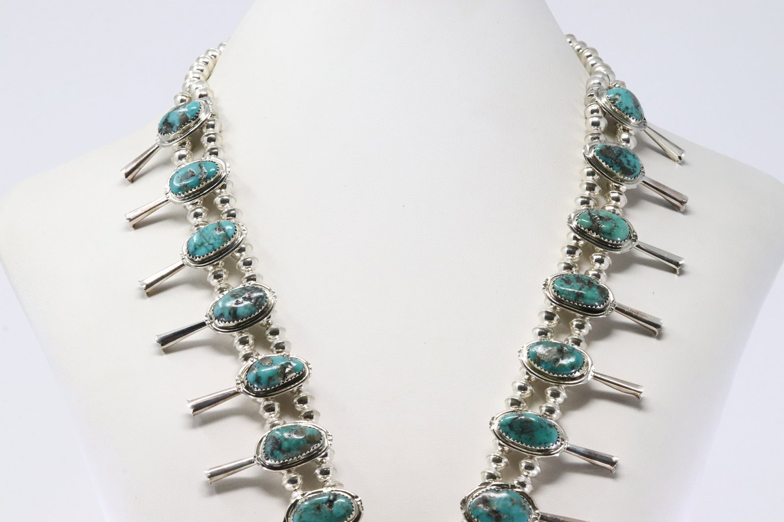 Native America Navajo Sterling Silver Turquoise Squash Blossom Necklace & Earring's Set By P. - 6