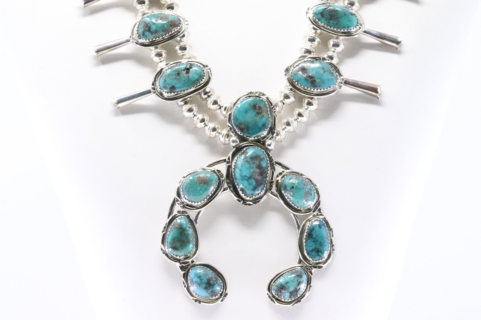 Native America Navajo Sterling Silver Turquoise Squash Blossom Necklace & Earring's Set By P. - 7