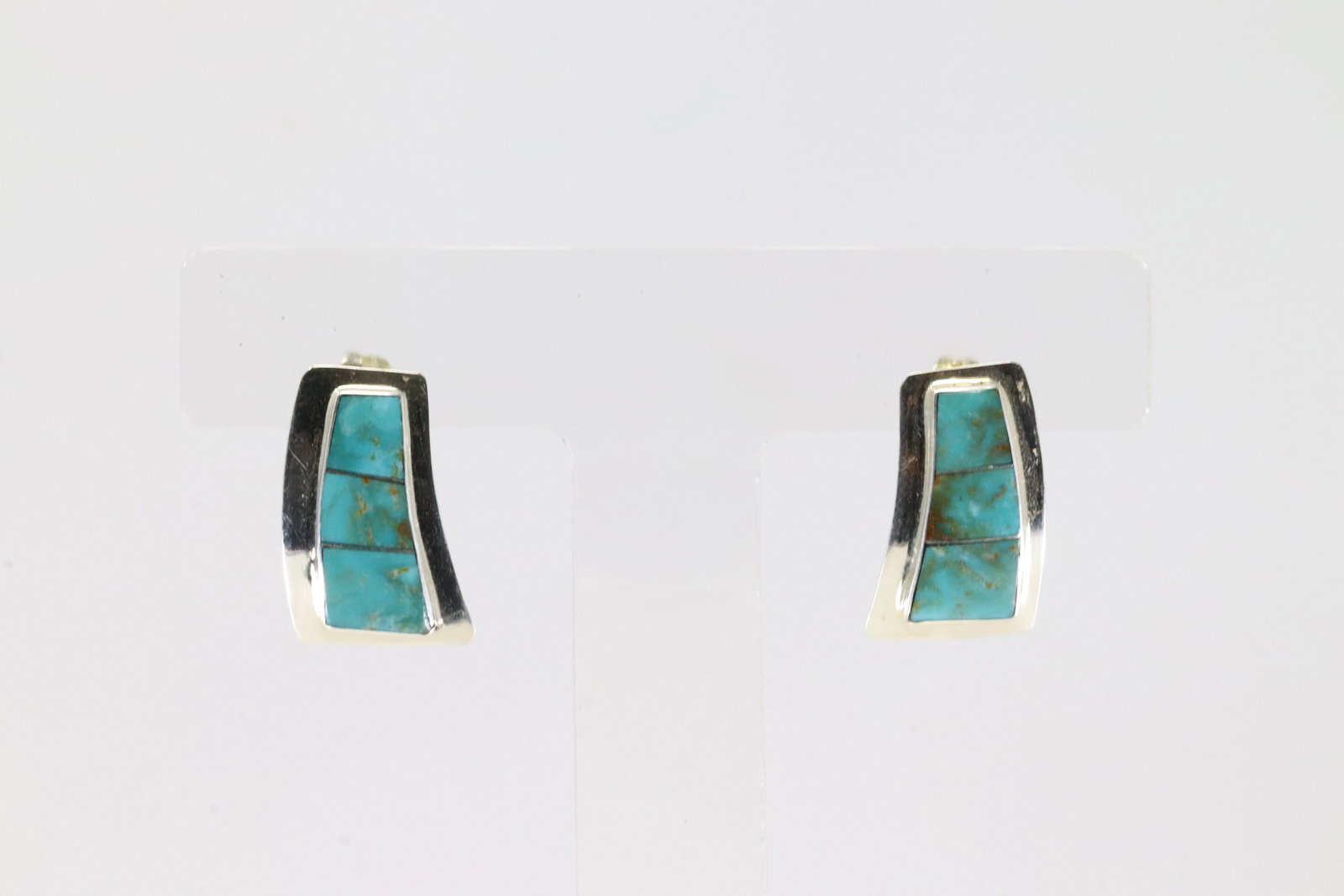 Native America Navajo Sterling Silver Turquoise Inlay Post Earring's By N.J.: This is a Native America Navajo Sterling Silver Turquoise Inlay Post Earring's By N.J.