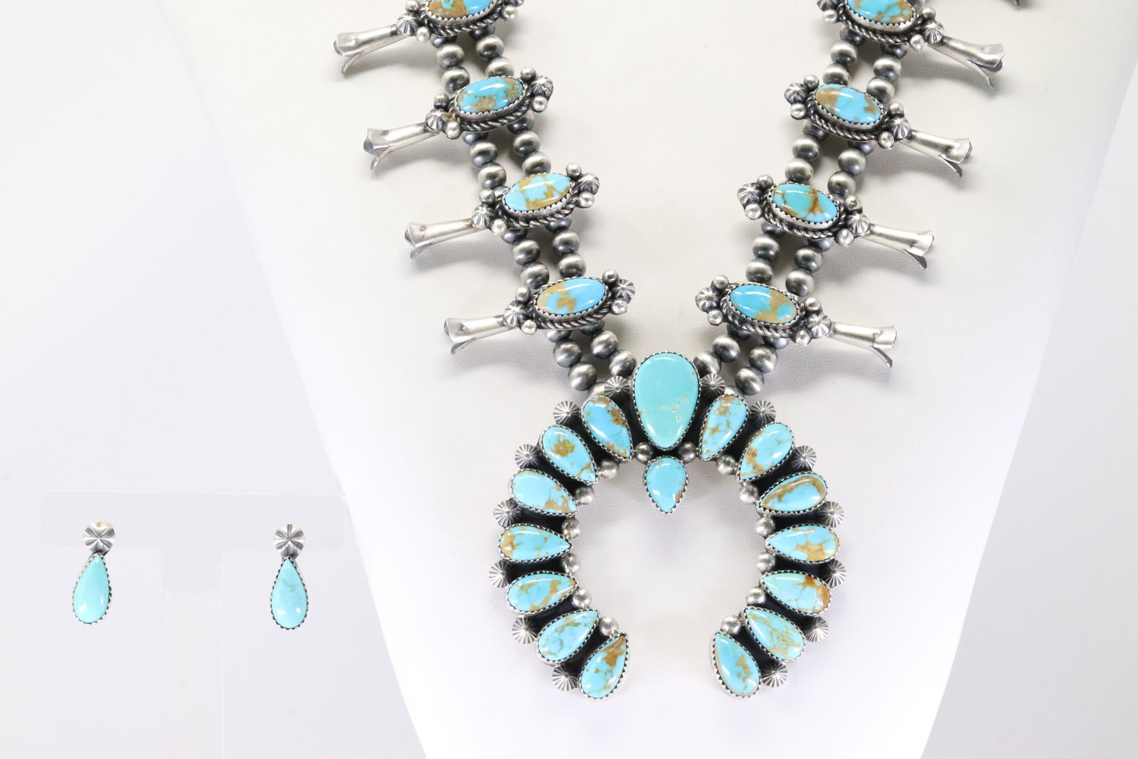 Native America Navajo Sterling Silver Kingman Turquoise Squash Blossom Necklace & Earring's Set By (1 of 8)