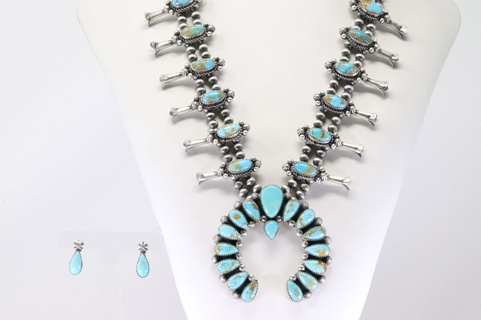Native America Navajo Sterling Silver Kingman Turquoise Squash Blossom Necklace & Earring's Set By - 2