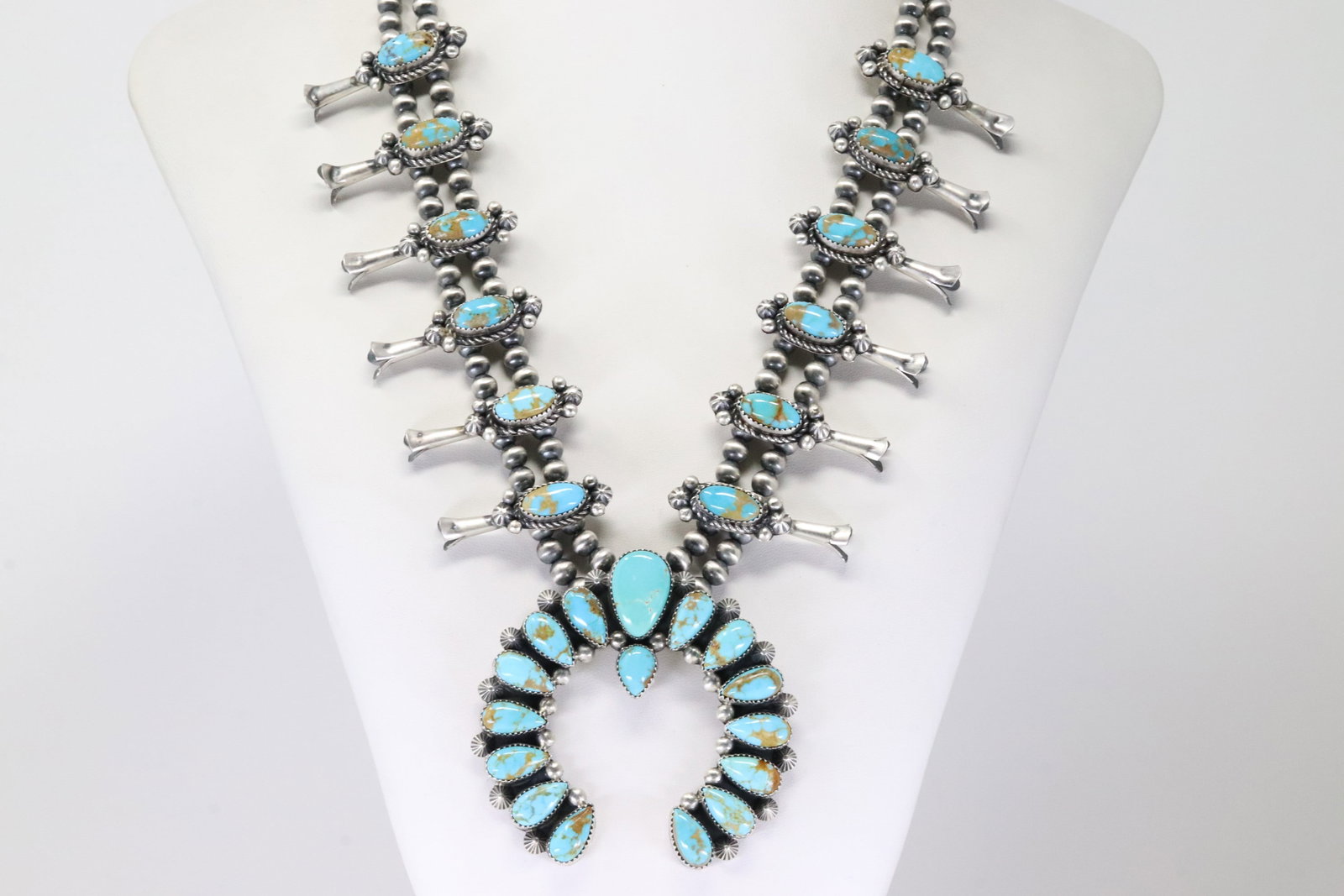 Native America Navajo Sterling Silver Kingman Turquoise Squash Blossom Necklace & Earring's Set By - 4