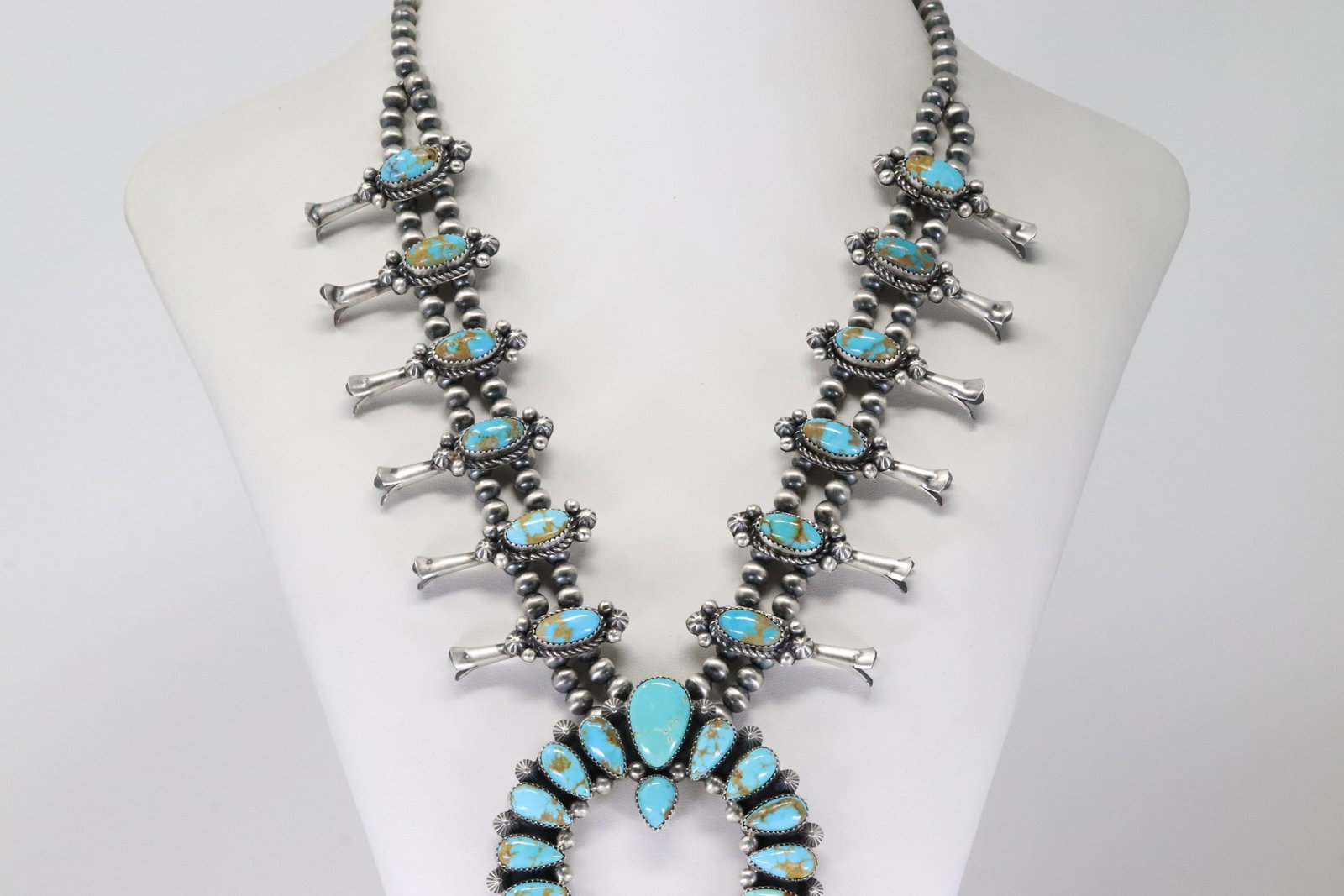 Native America Navajo Sterling Silver Kingman Turquoise Squash Blossom Necklace & Earring's Set By - 5