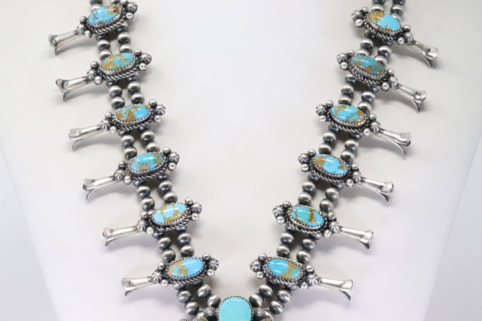 Native America Navajo Sterling Silver Kingman Turquoise Squash Blossom Necklace & Earring's Set By - 6