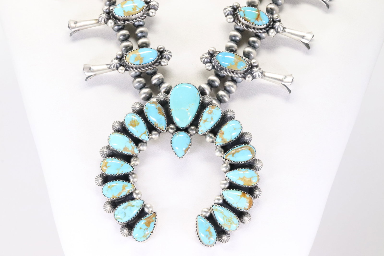 Native America Navajo Sterling Silver Kingman Turquoise Squash Blossom Necklace & Earring's Set By - 7