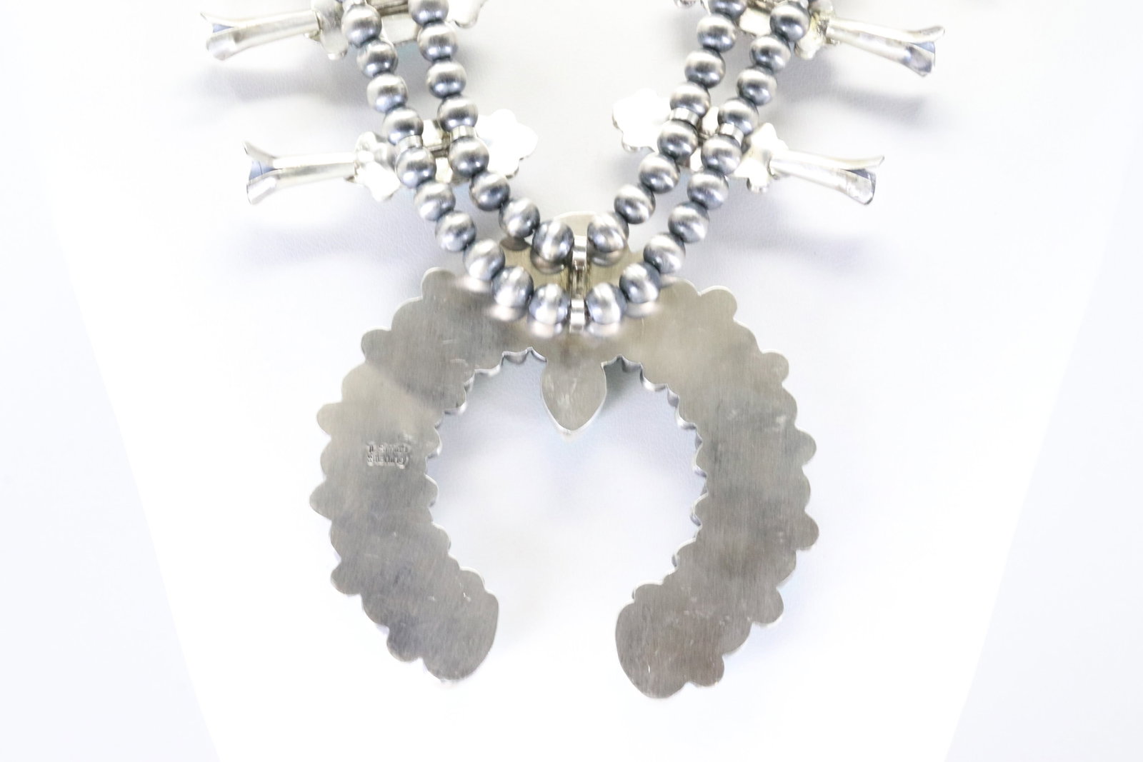 Native America Navajo Sterling Silver Kingman Turquoise Squash Blossom Necklace & Earring's Set By - 8
