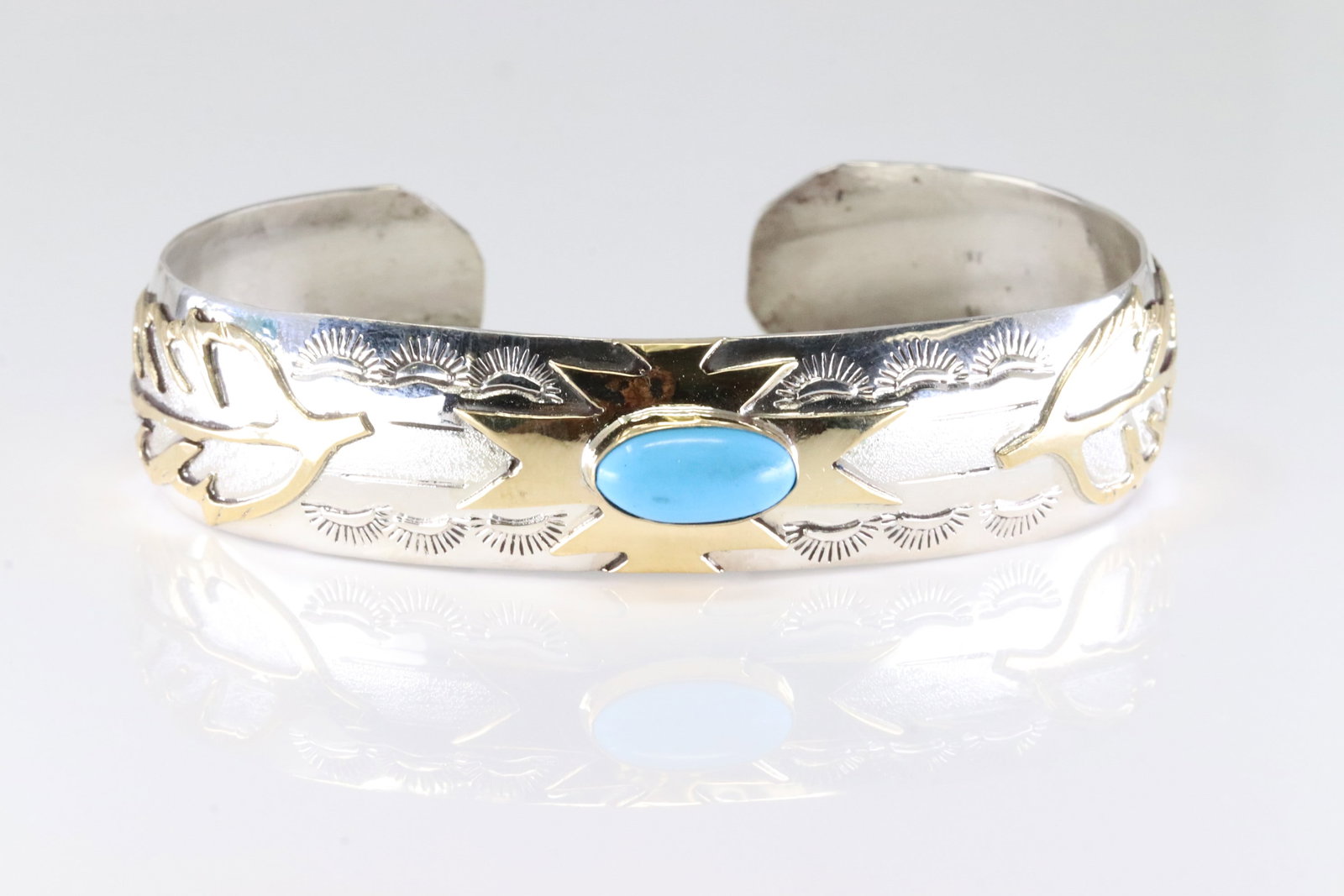 Native America Navajo Sterling Silver Turquoise Bracelet Cuff By G.J.: This is a Native America Navajo Sterling Silver Turquoise Bracelet Cuff By G.J.