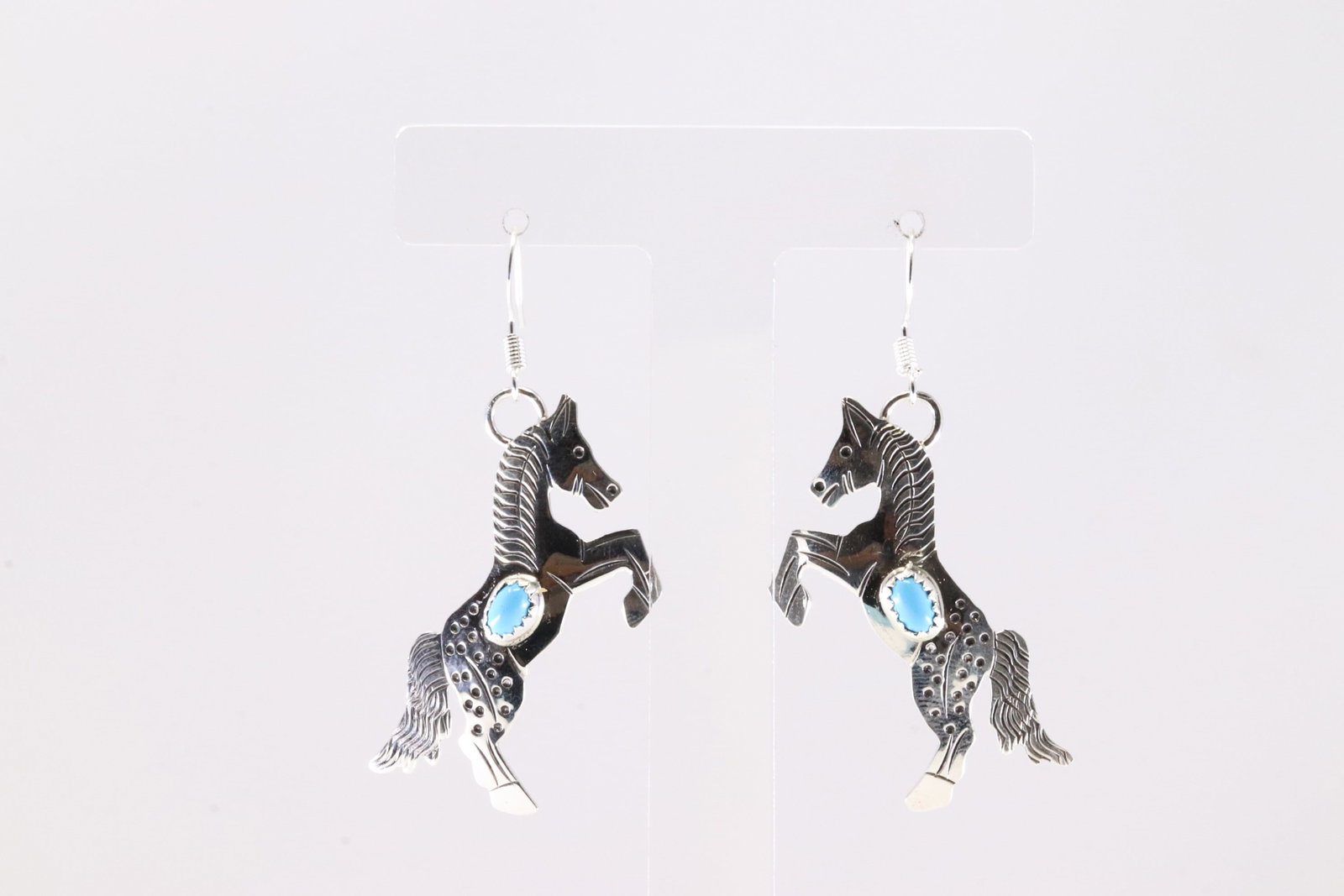 Native America Navajo Sterling Silver Turquoise Horse Dangling Earring's By L.Y.: This is a Native America Navajo Sterling Silver Turquoise Horse Dangling Earring's By L.Y.